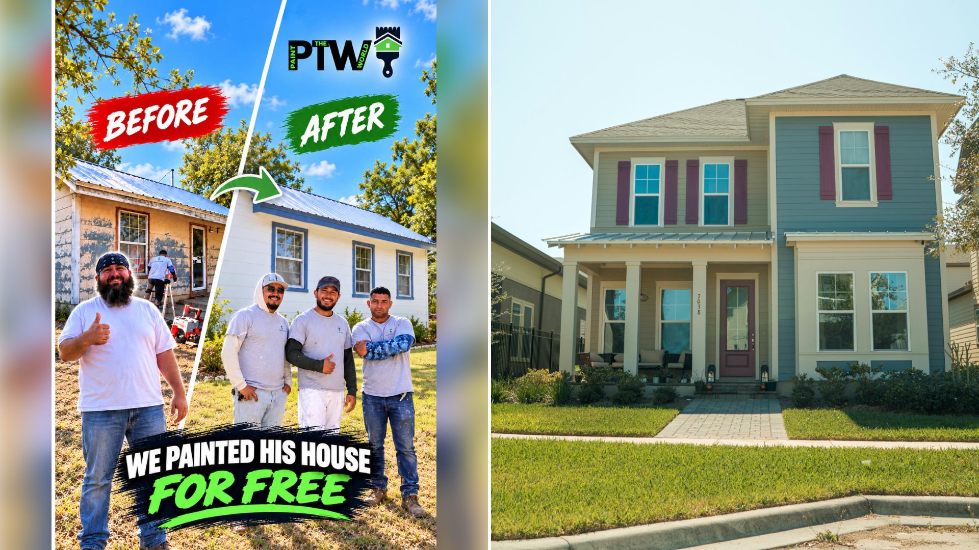 Left: cover still from a TikTok video by @paint_the_world432. Right: a blue and white house with red shutters (Unsplash photo by Eric Ardito).