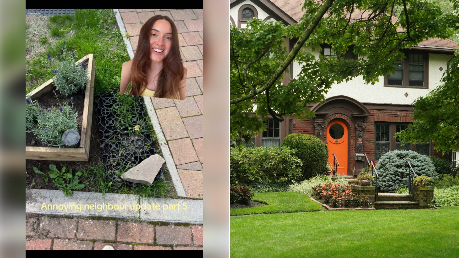 Left: cover still from a TikTok video by @latestobsessions. Right: a house with a red door and a green lawn (Unsplash photo by Keenan Shepard).