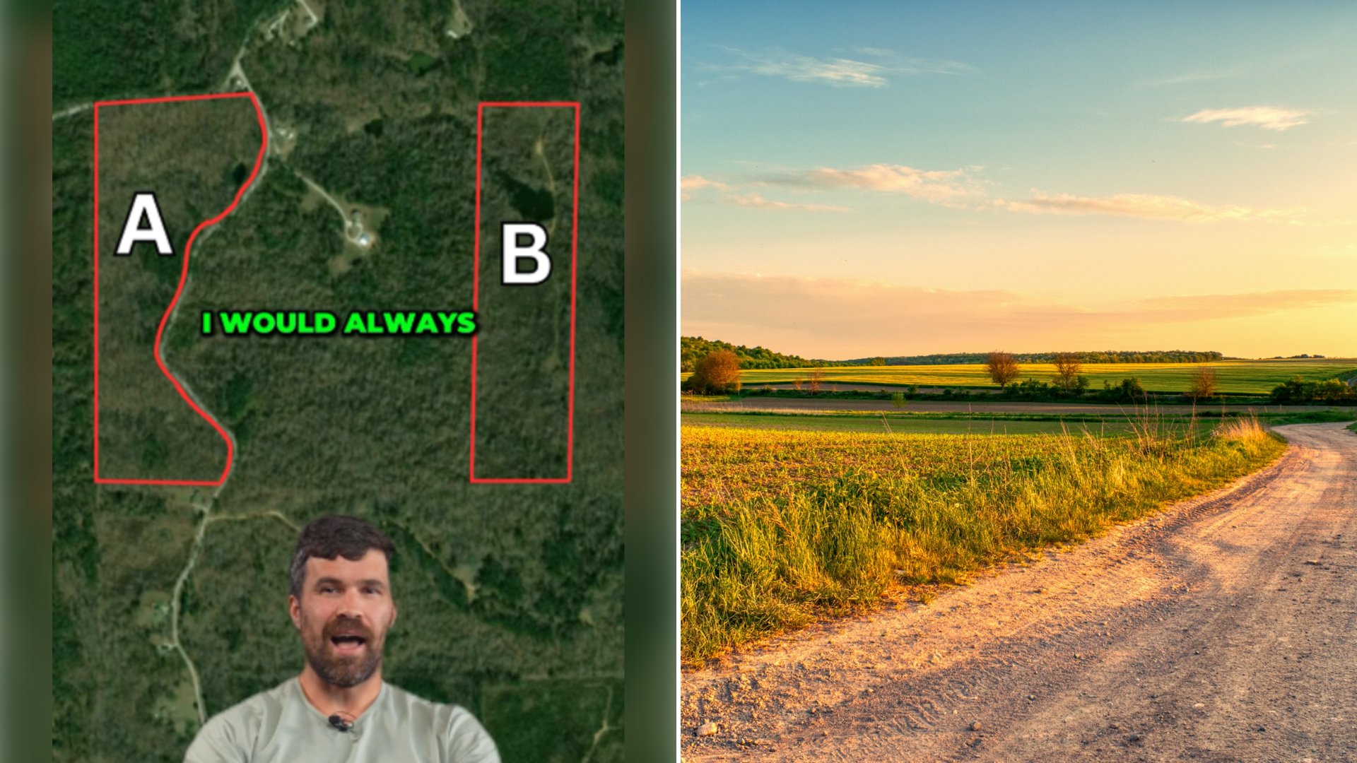 Left: cover still from a TikTok video by @ron_apke. Right: a dirt road in the middle of a field (Unsplash photo by Nikolett Emmert).