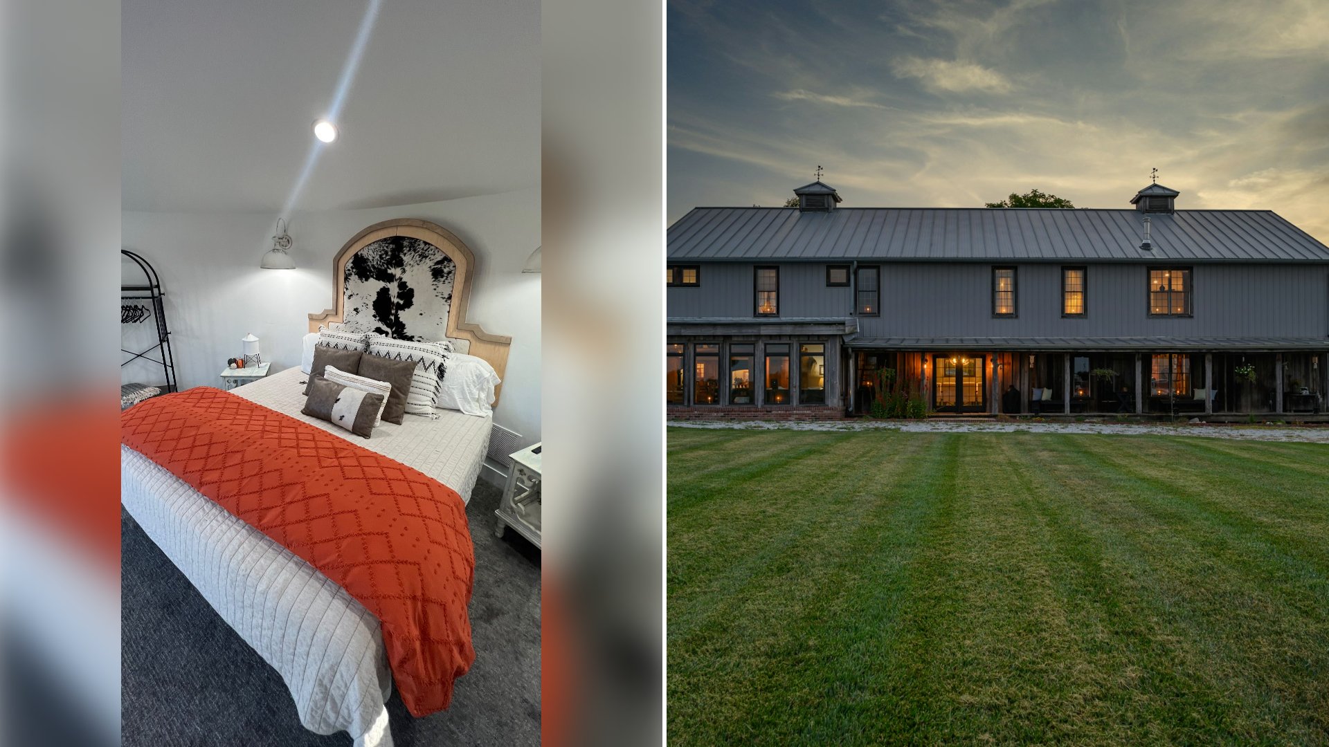 Left: cover still from an Instagram reel by @. Right: a brown and black wooden barn home on a green grass field (Unsplash photo by Cole Ankney).