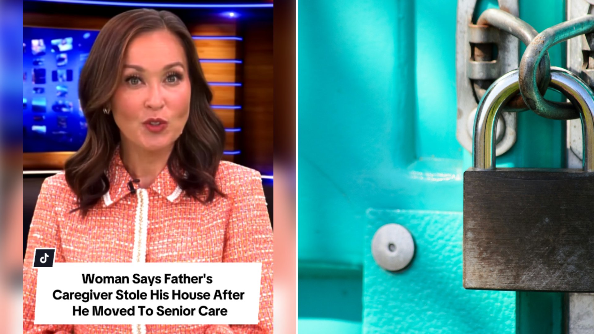 Left: cover still from a TikTok video by @insideedition. Right: a close up of a padlock on a door (Unsplash photo by Kaffeebart).