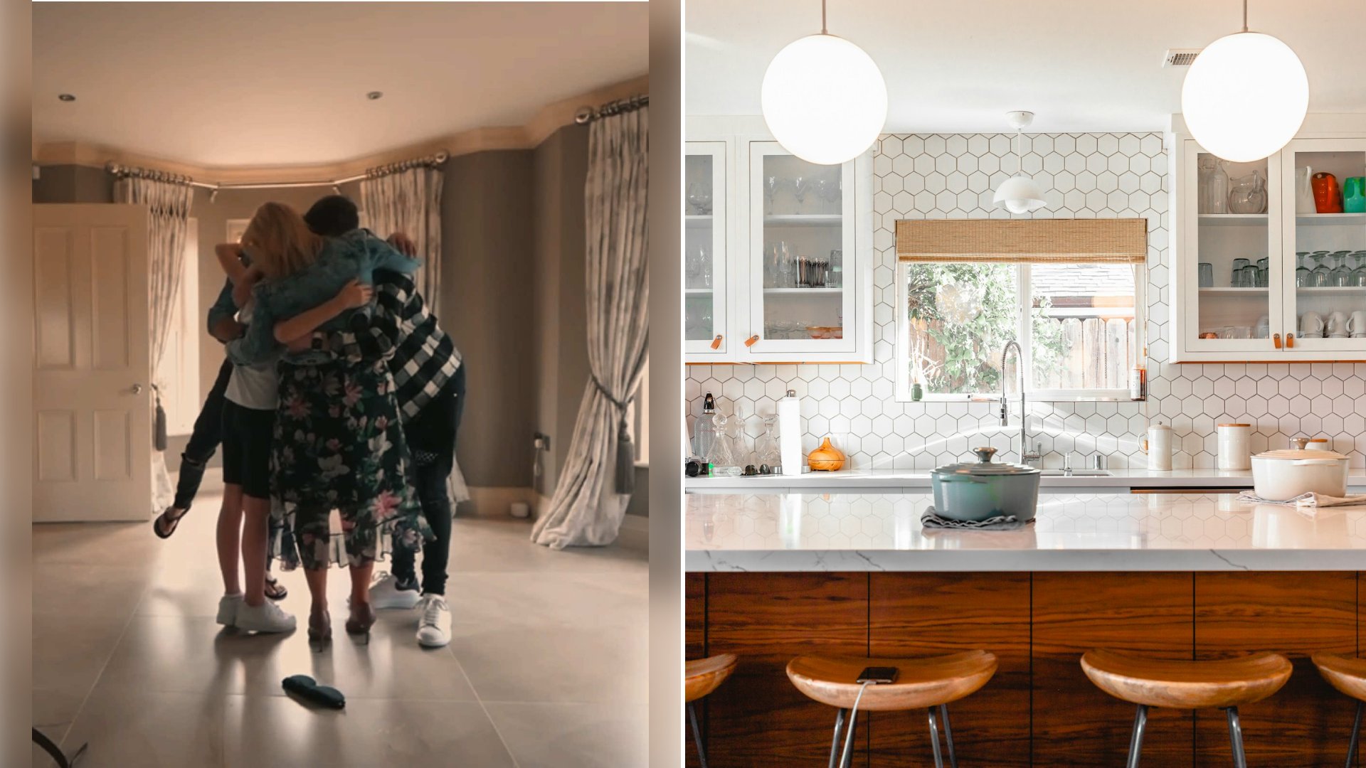 Left: cover still from a TikTok video by @passionpaindesire. Right: four brown stools in a bright modern kitchen (Unsplash photo by roam in color).