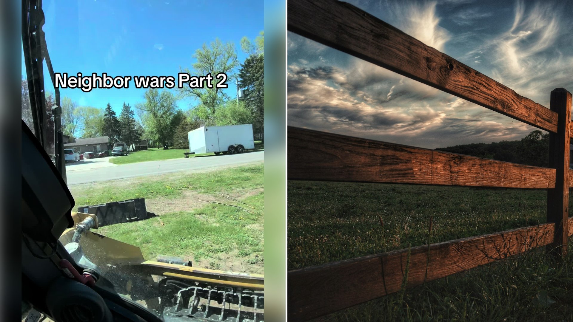 Left: cover still from a TikTok video by @onlyfarmz.ag. Right: a brown wooden fence beside a green grass field (Unsplash photo by Edan Cohen).