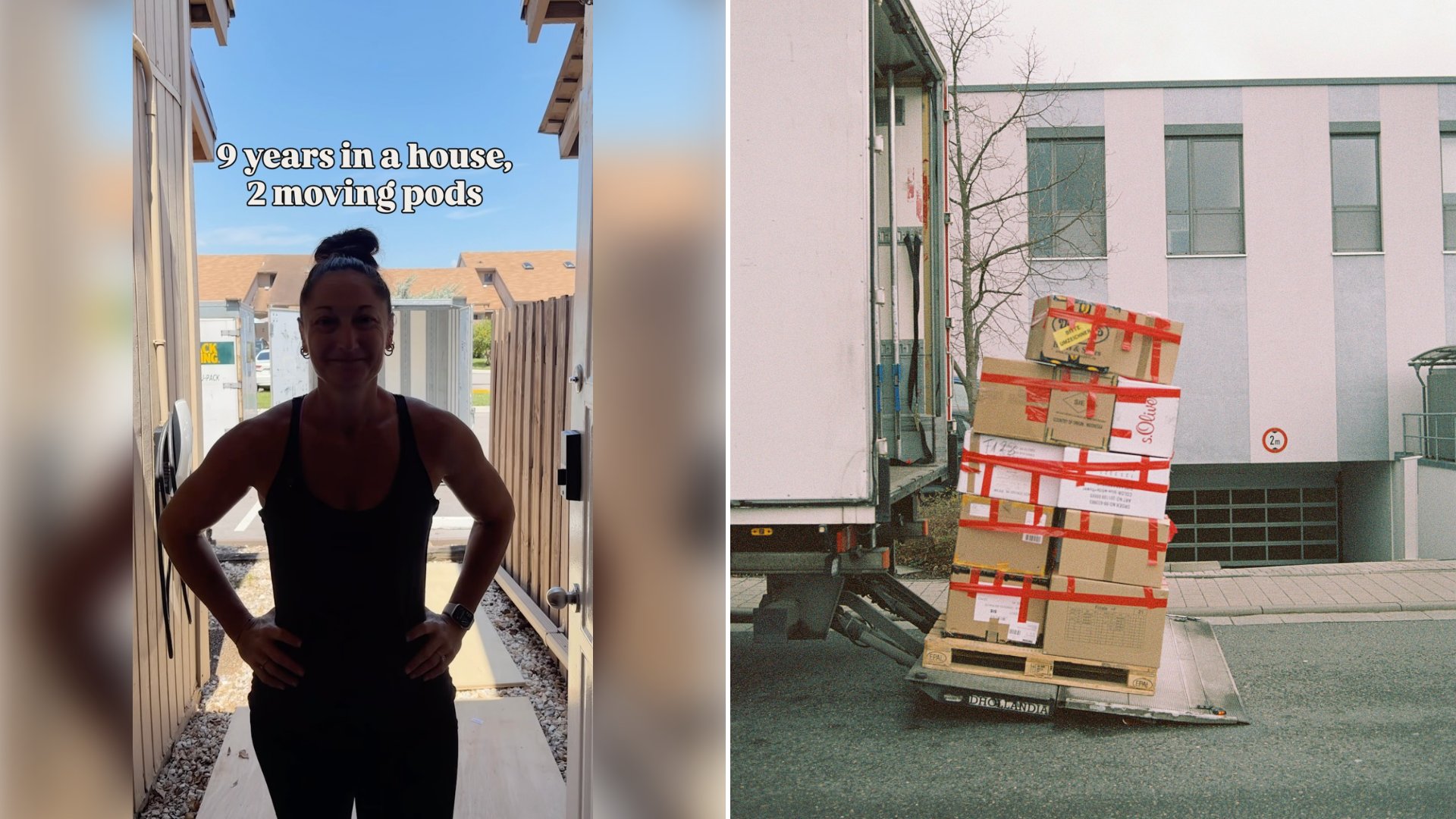 Left: cover still from an Instagram reel by @. Right: brown cardboard boxes stacked on a street (Unsplash photo by Markus Spiske).