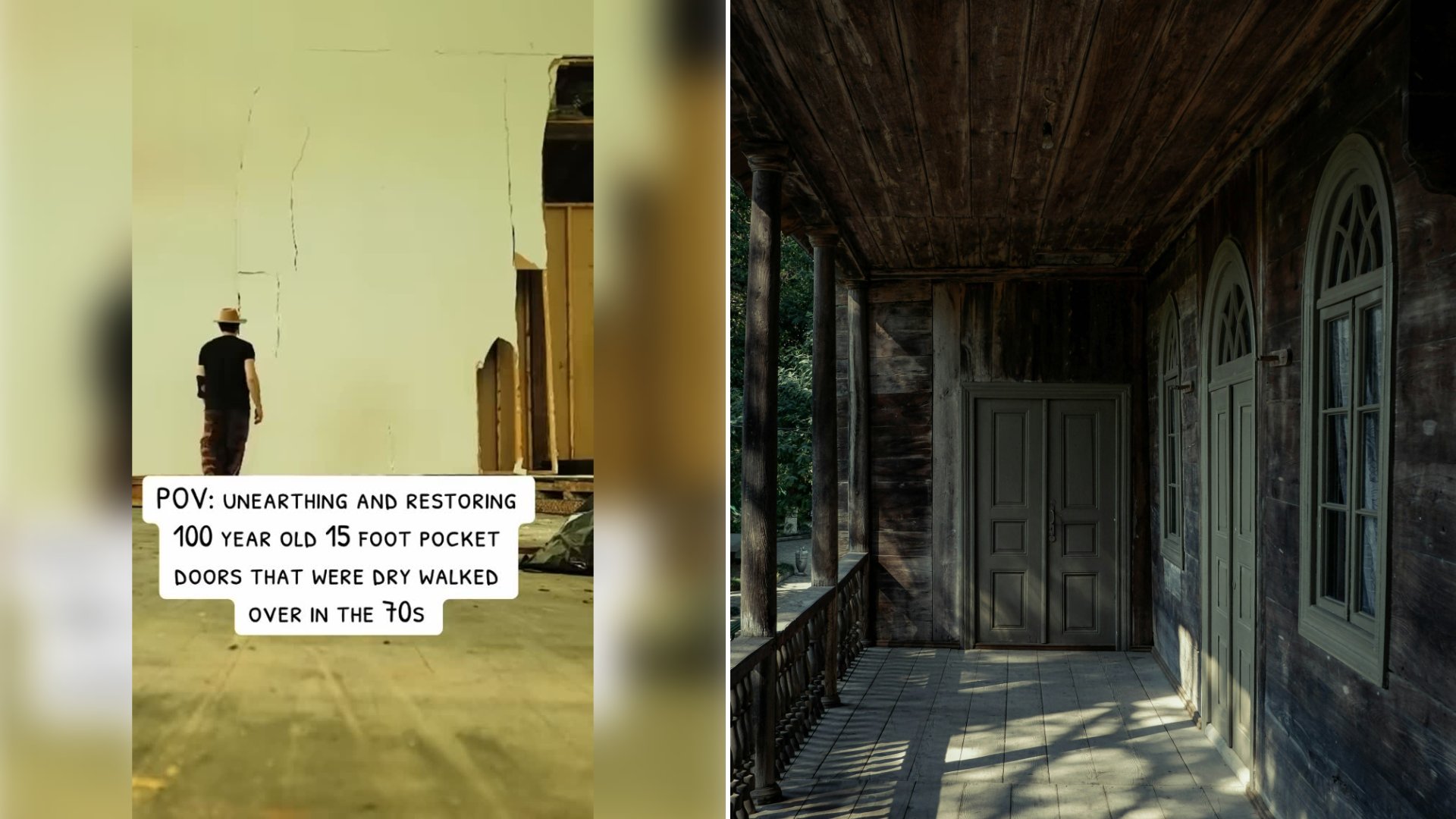 Left: cover still from an Instagram reel by @. Right: a porch with a wooden ceiling and two doors (Unsplash photo by ilia Dolidze).