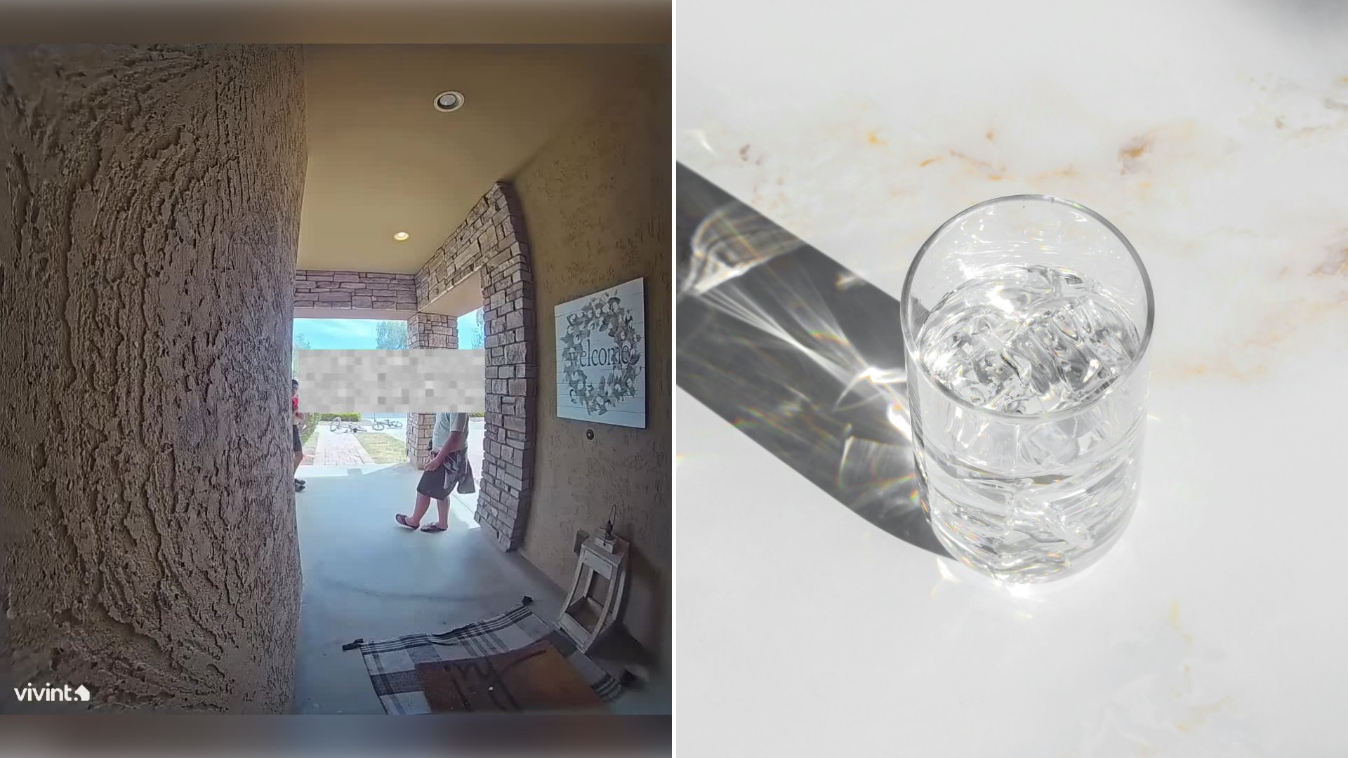 Left: cover still from a TikTok video by @alysonjmoore. Right: a glass of water on a white marble table (Unsplash photo by Giorgio Trovato).