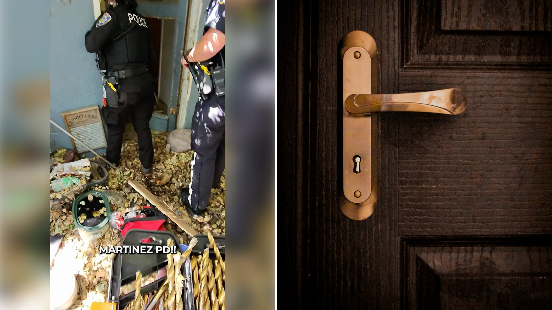 Left: cover still from an Instagram reel by @. Right: a gold door lever on a brown wooden door (Unsplash photo by Sneaky Head).