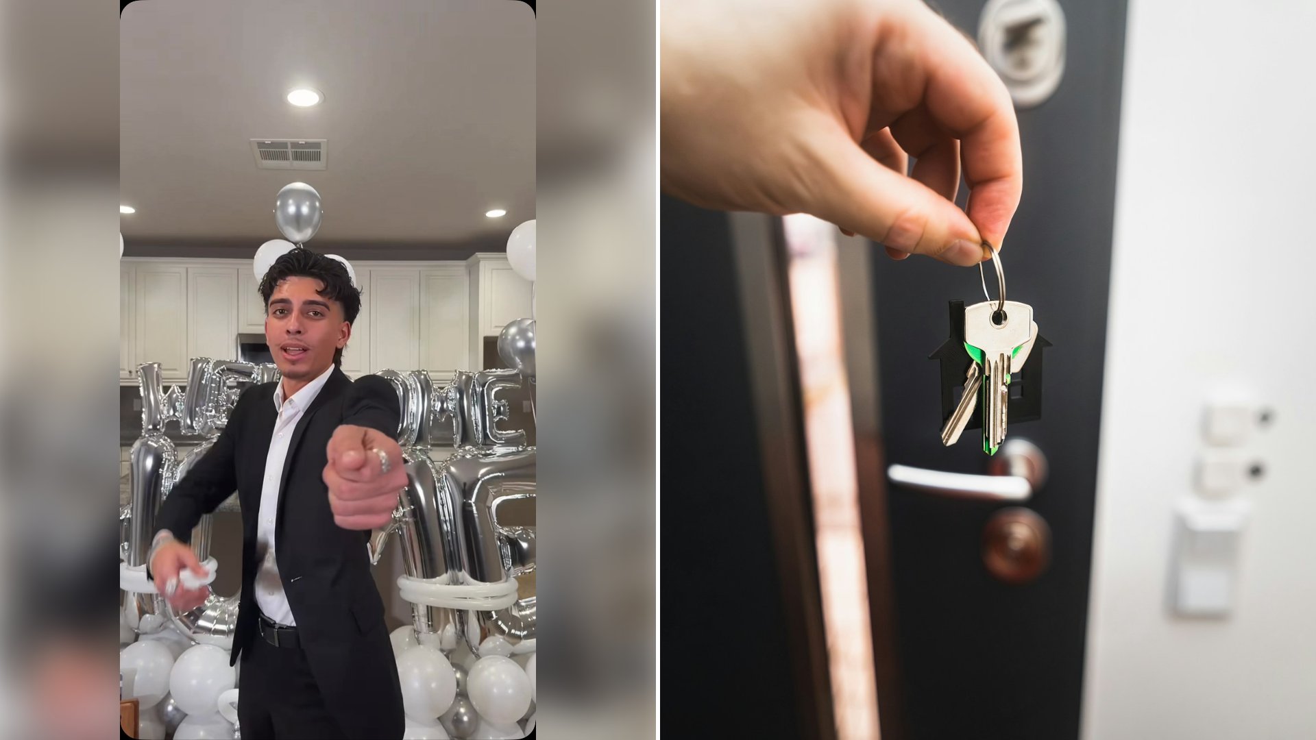 Left: cover still from an Instagram reel by @. Right: a hand holding a key at a door (Unsplash photo by Jakub Żerdzicki).