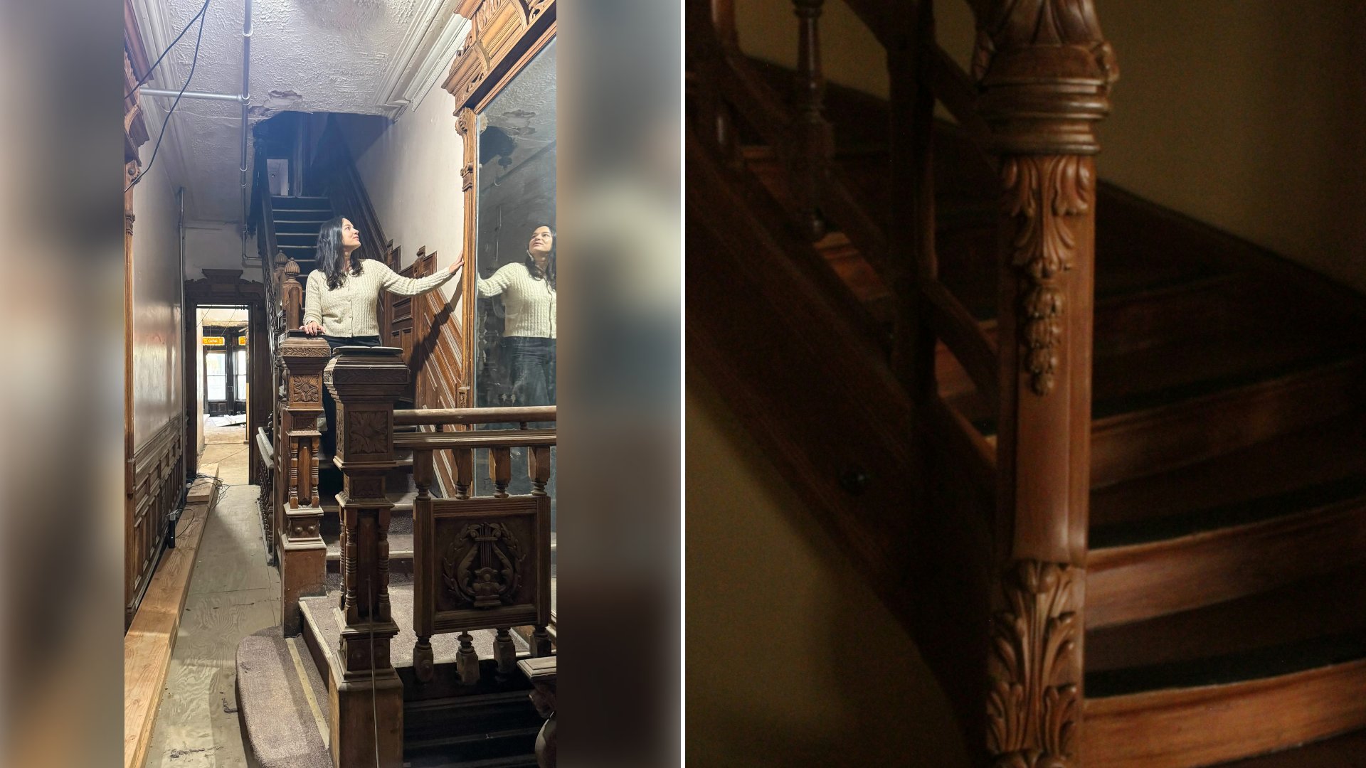 Left: cover still from an Instagram reel by @. Right: a close up of a wooden staircase (Unsplash photo by Oliver).