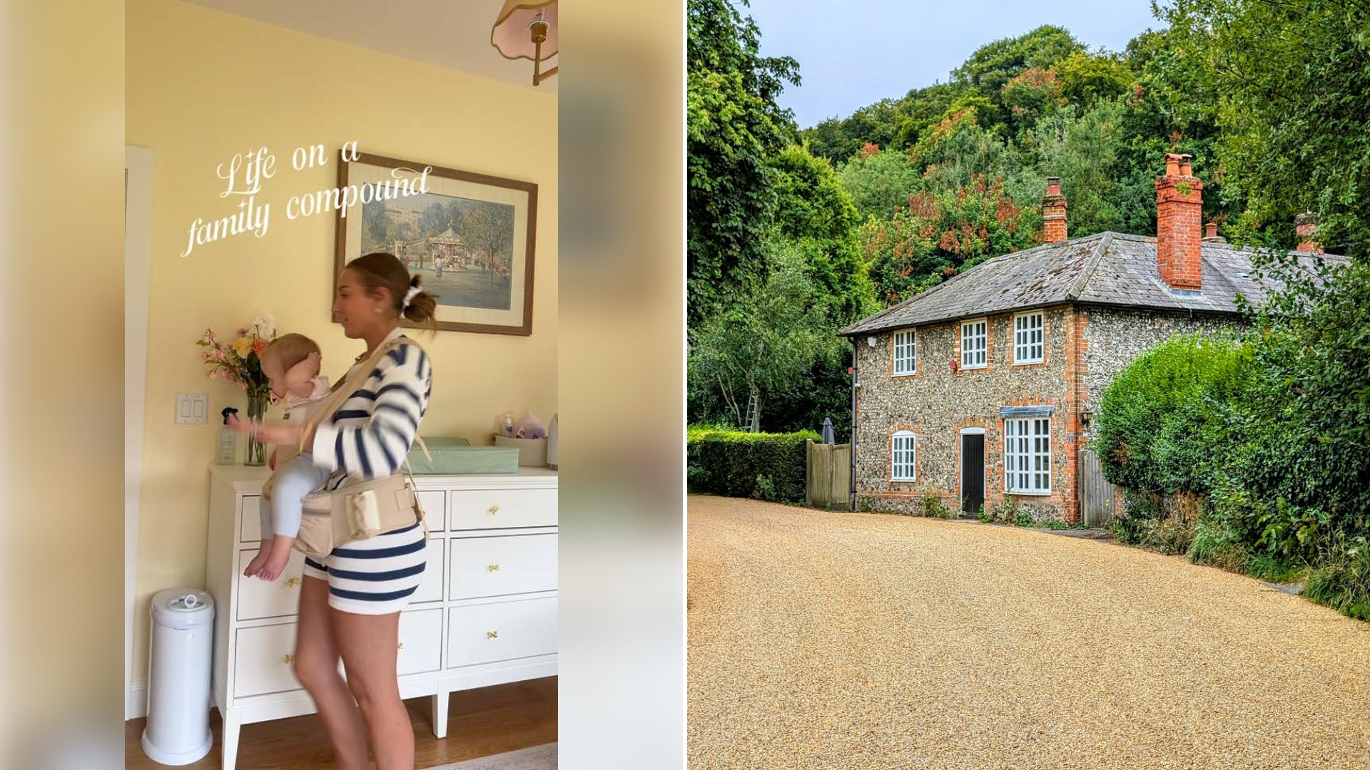 Left: cover still from a TikTok video by @taybunting_. Right: a stone house surrounded by trees and bushes (Unsplash photo by Allwyn Mendes).