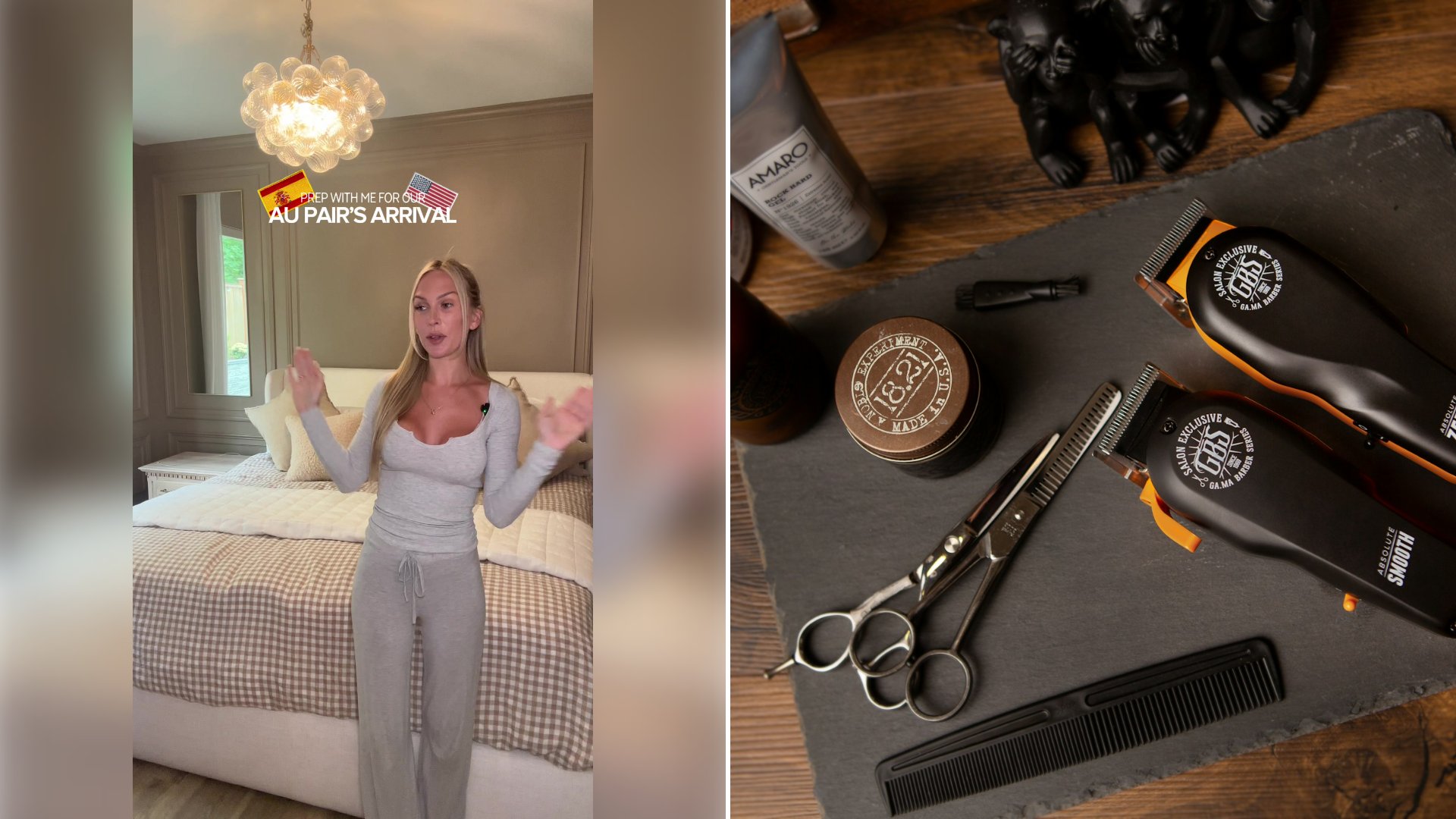 Left: cover still from a TikTok video by @amypolwarth. Right: two hair clippers, scissors, a comb and grooming products on a slate board (Unsplash photo by Andrea Donato).