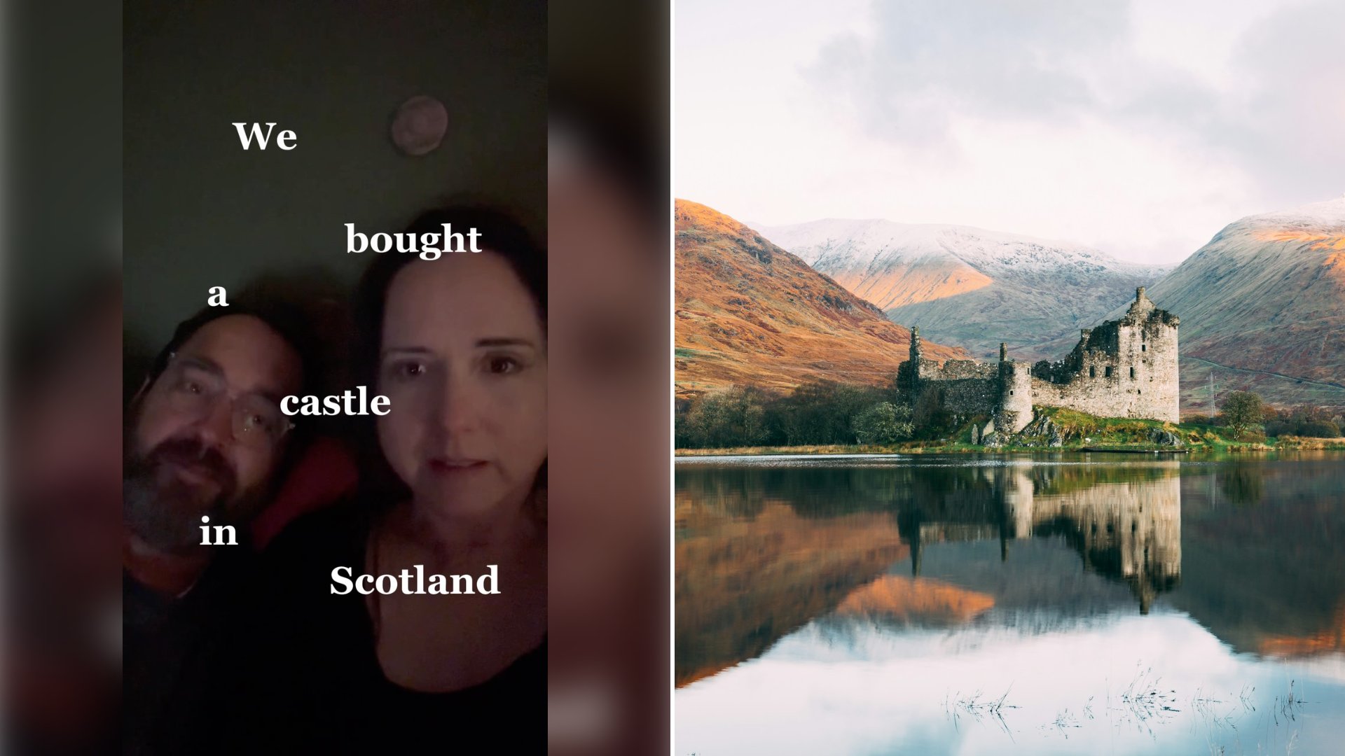 Left: cover still from an Instagram reel by @. Right: Kilchurn Castle ruins reflecting in the calm water of Loch Awe, Scotland (Unsplash photo by Connor Mollison).