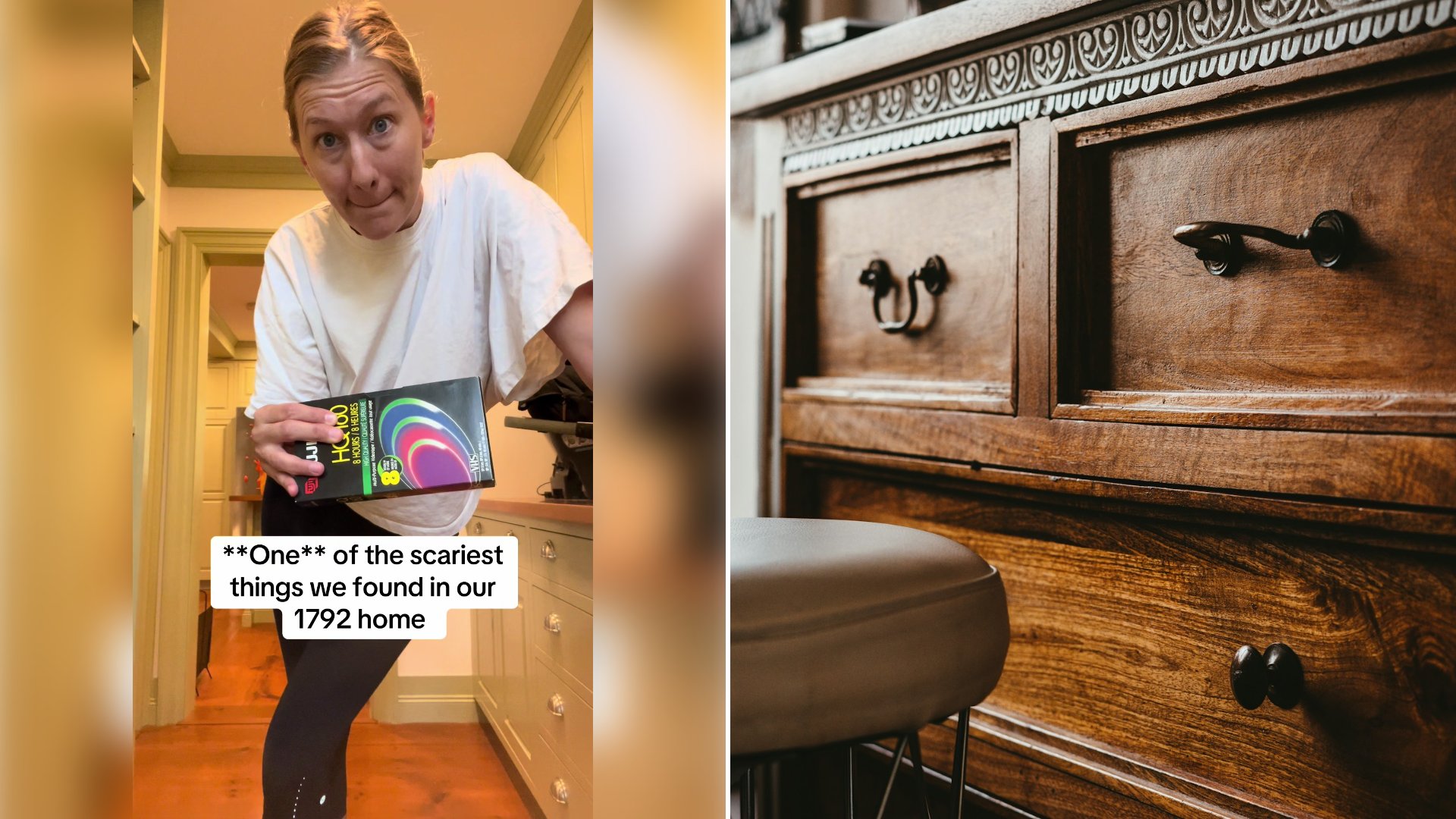 Left: cover still from a TikTok video by @saraheposts. Right: a brown wooden drawer chest (Unsplash photo by Julian Hochgesang).