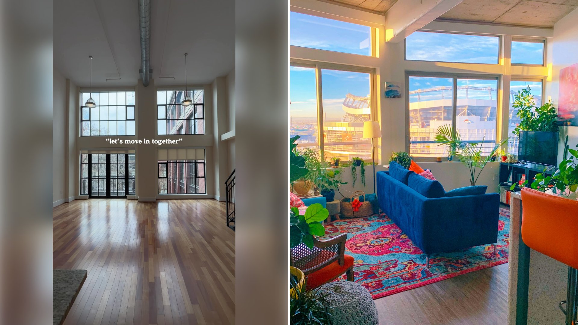 Left: cover still from an Instagram reel by @. Right: a living room filled with furniture and lots of windows (Unsplash photo by Steph Wilson).
