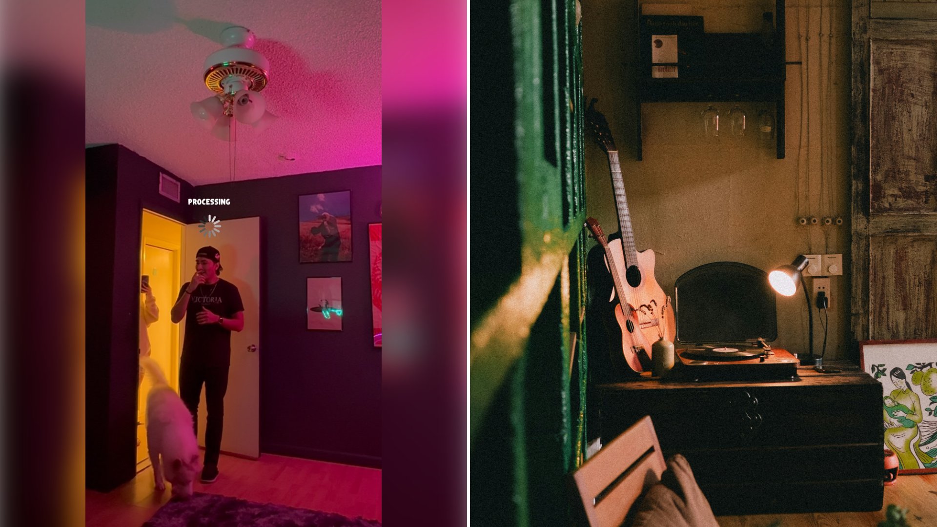 Left: cover still from an Instagram reel by @. Right: a guitar leaning by a record player and glowing lamp (Unsplash photo by Jeswin Thomas).