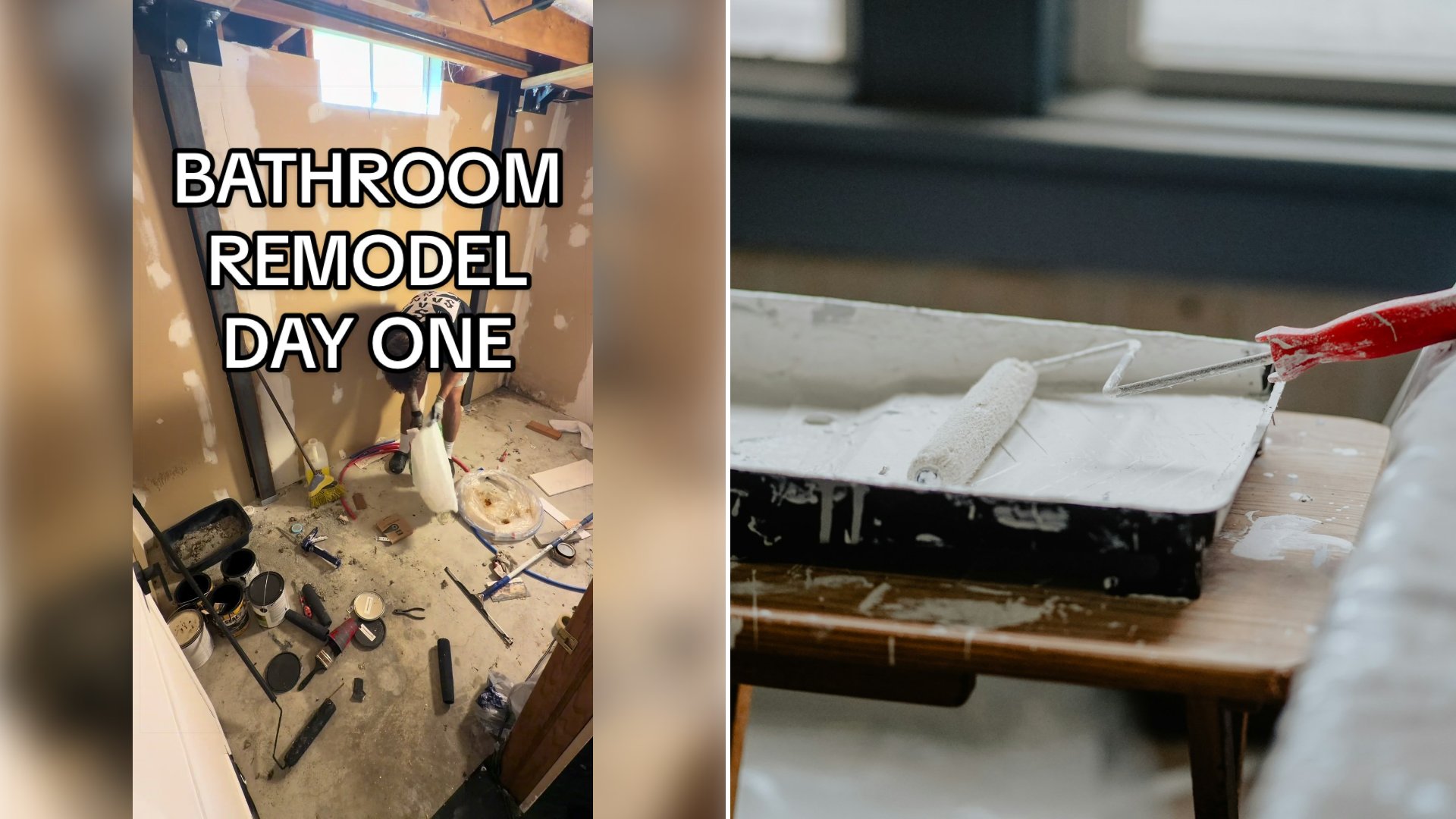 Left: cover still from a TikTok video by @kyle.mcdaneld. Right: a paint roller with a red handle in a tray of white paint (Unsplash photo by Karl Solano).