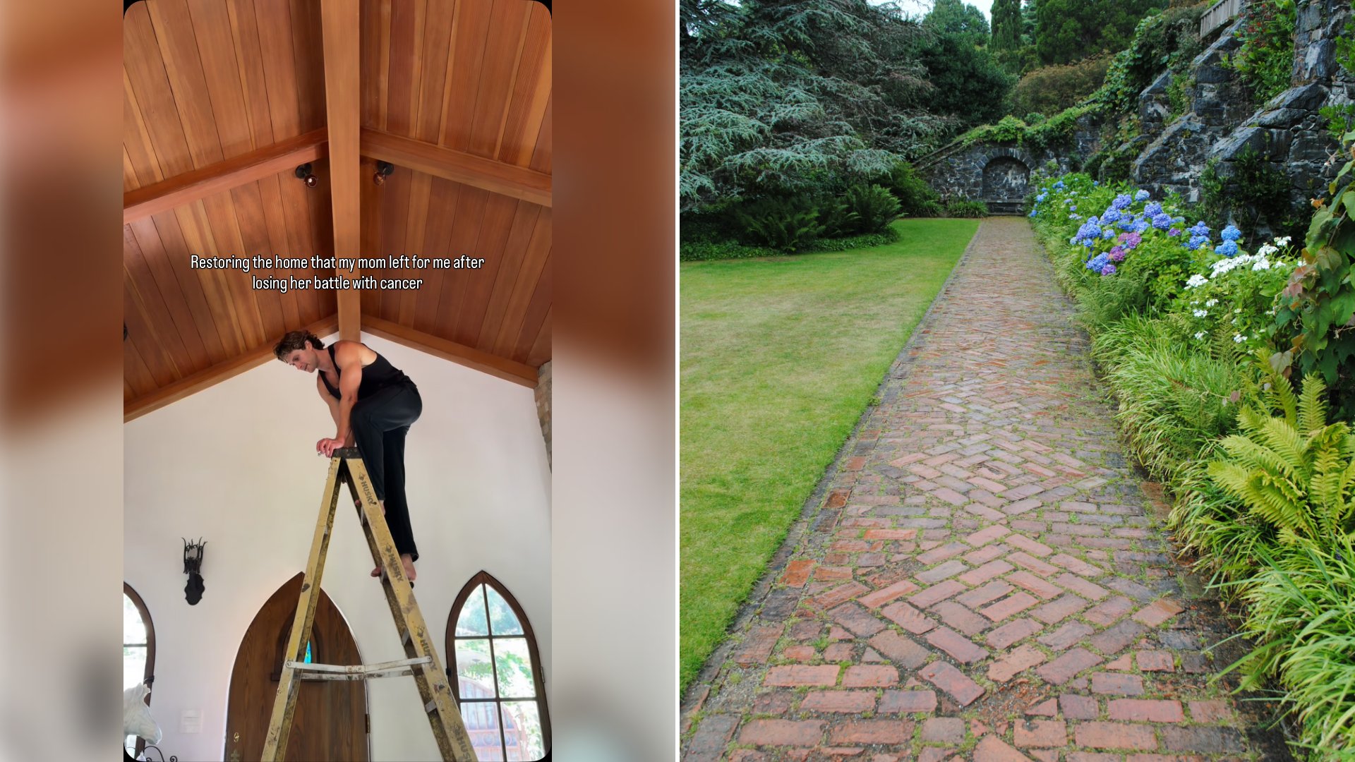 Left: cover still from an Instagram reel by @. Right: a brown brick pathway between green grass (Unsplash photo by JR Harris).