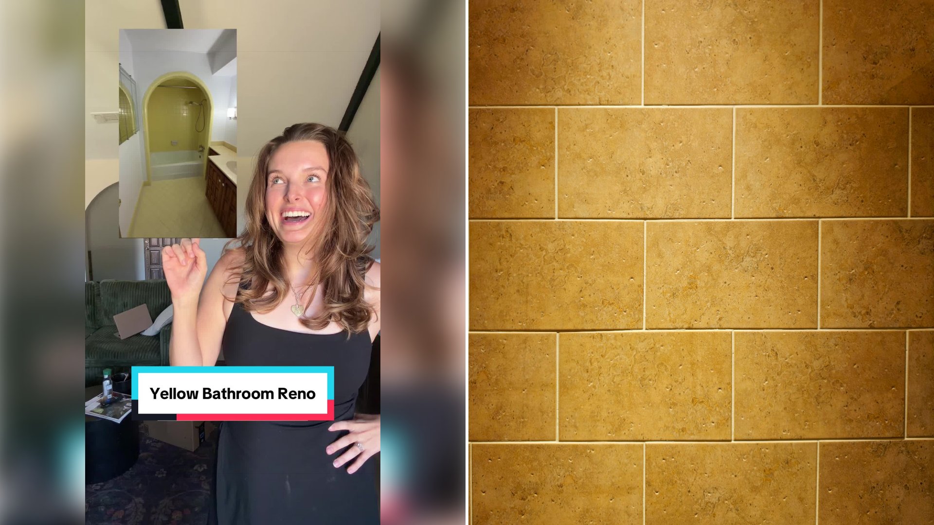 Left: cover still from a TikTok video by @maggiemcgaugh. Right: tan rectangular wall tiles with light grout lines (Unsplash photo by Colin Watts).