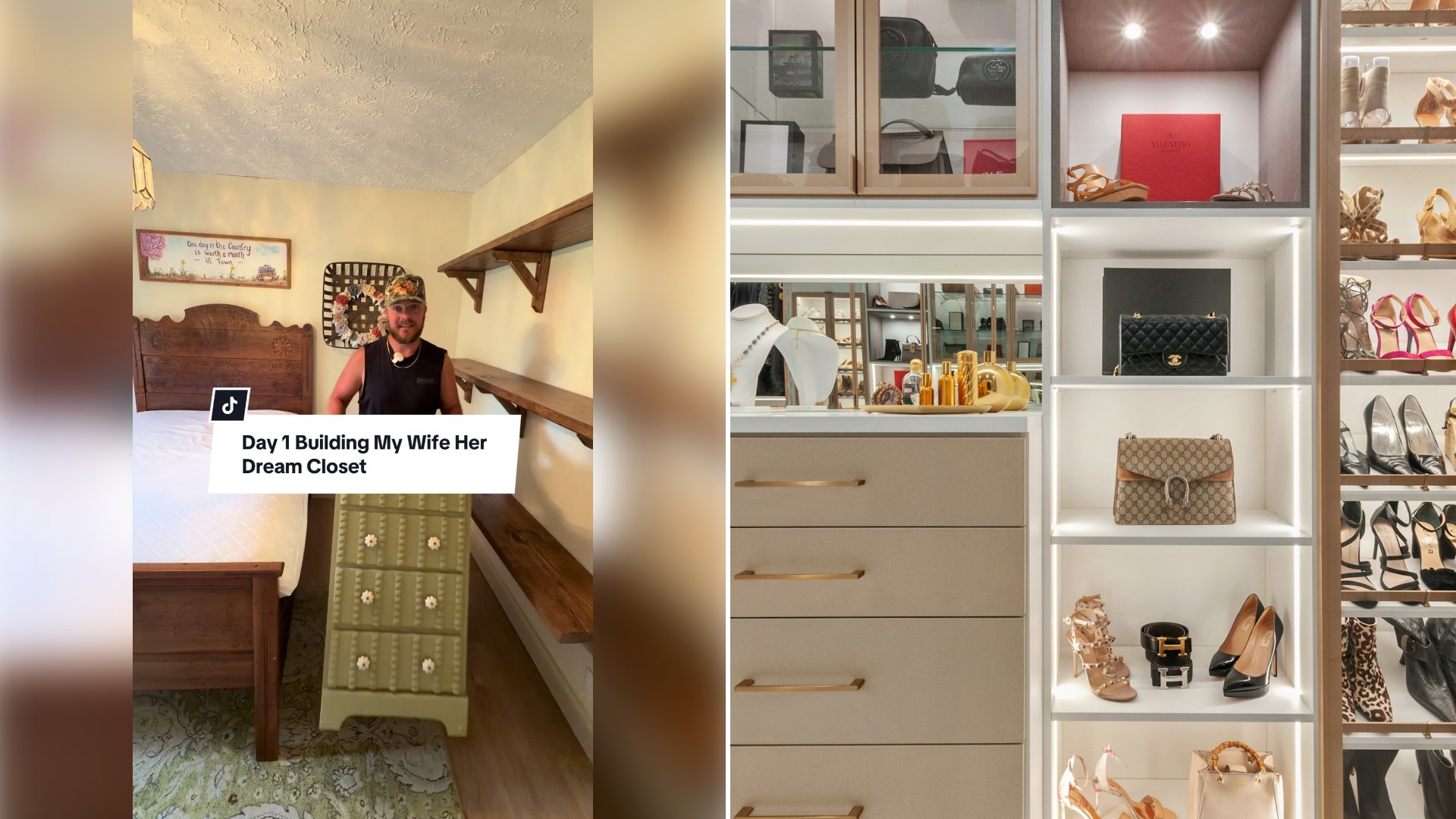 Left: cover still from a TikTok video by @sasserhouse. Right: a custom closet with white wooden shelves and assorted items (Unsplash photo by Chastity Cortijo).