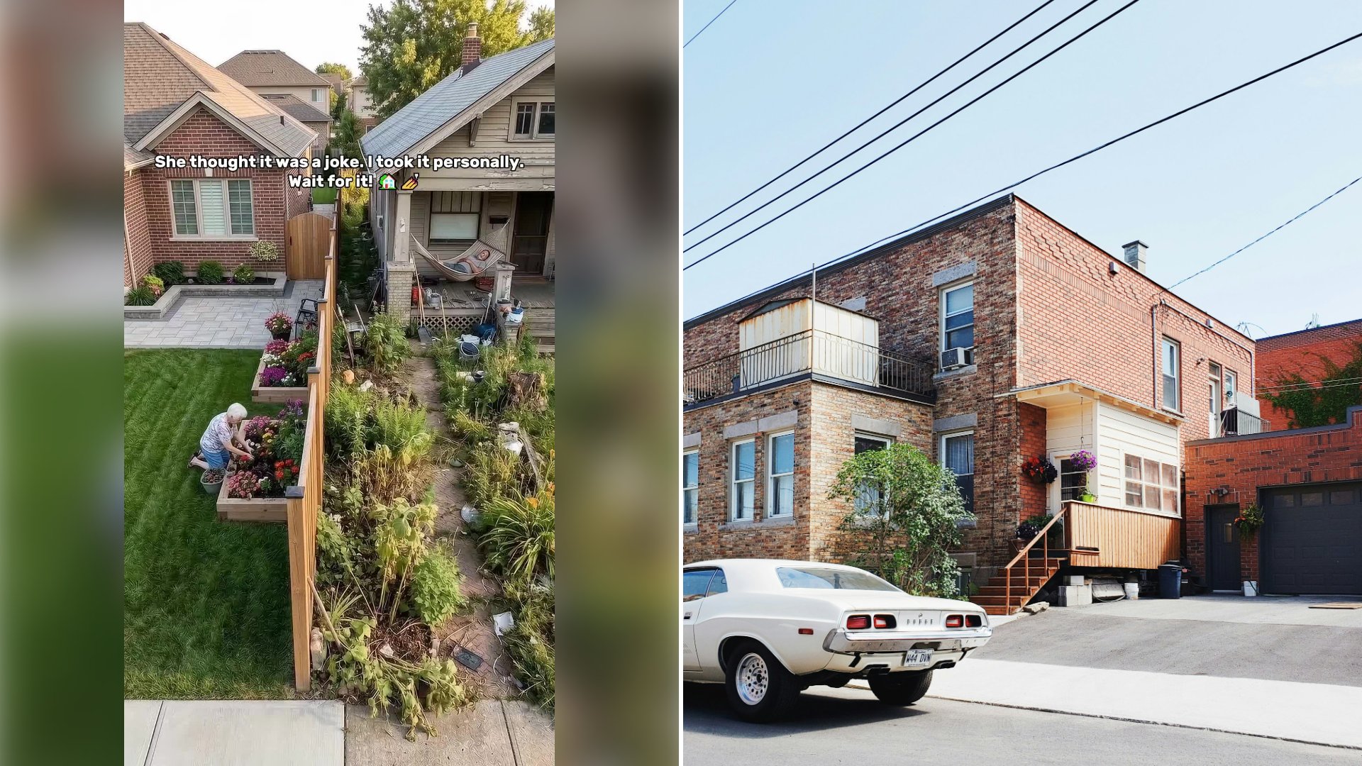 Left: cover still from a TikTok video by @baban20260. Right: a retro white car beside a sunny bright house (Unsplash photo by Christian Mackie).
