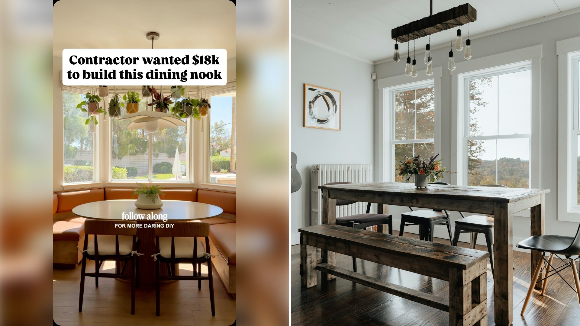 Left: cover still from an Instagram reel by @. Right: a dining room with a table and a bench (Unsplash photo by Clay Banks).