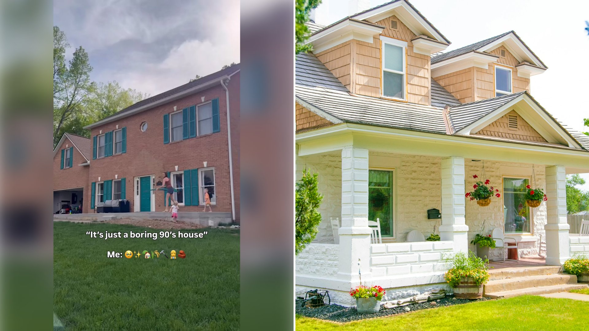 Left: cover still from an Instagram reel by @. Right: the front of a white and brown house on a sunny day (Unsplash photo by Ian MacDonald).