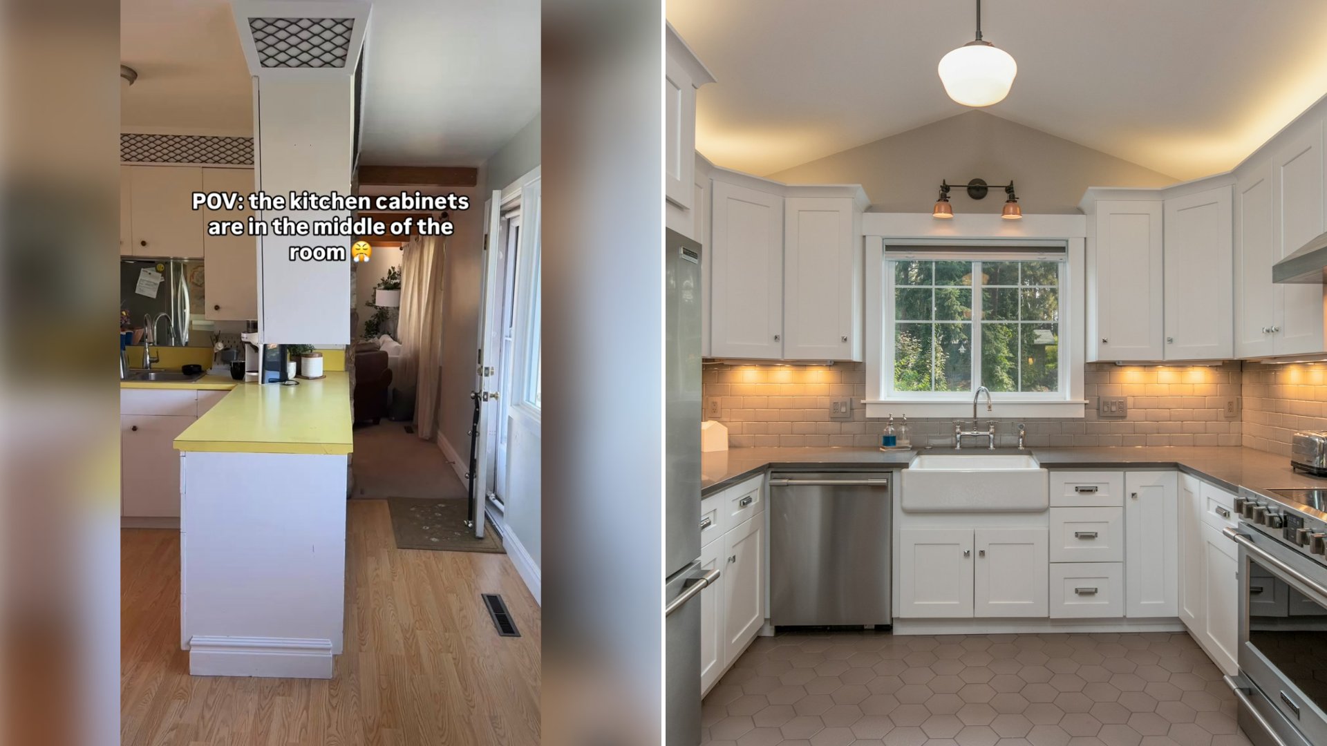 Left: cover still from an Instagram reel by @. Right: a white wooden kitchen cabinet with a white pendant lamp (Unsplash photo by Clay Elliot).