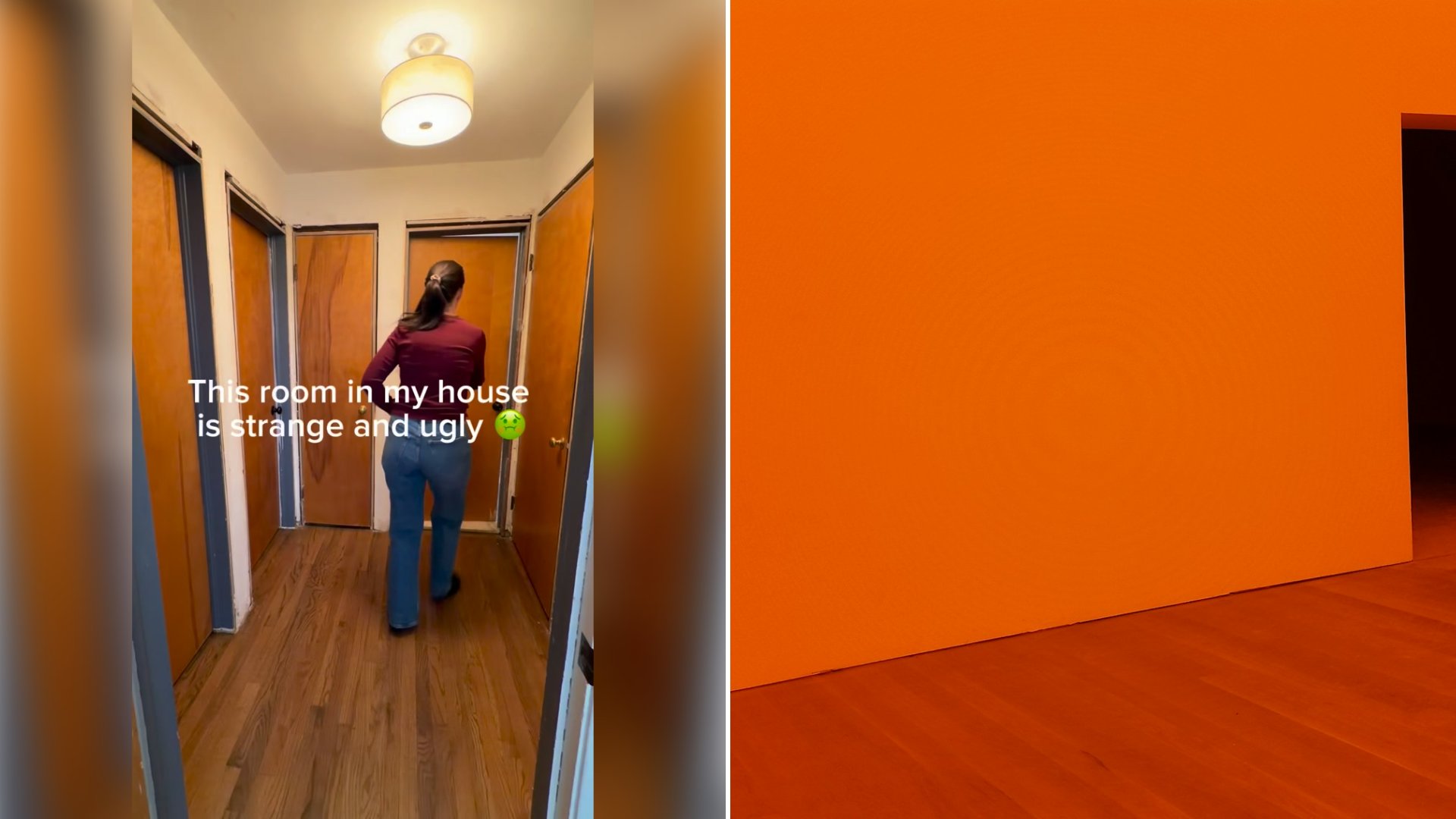 Left: cover still from an Instagram reel by @. Right: an orange room with an open door (Unsplash photo by Natalia Y.).