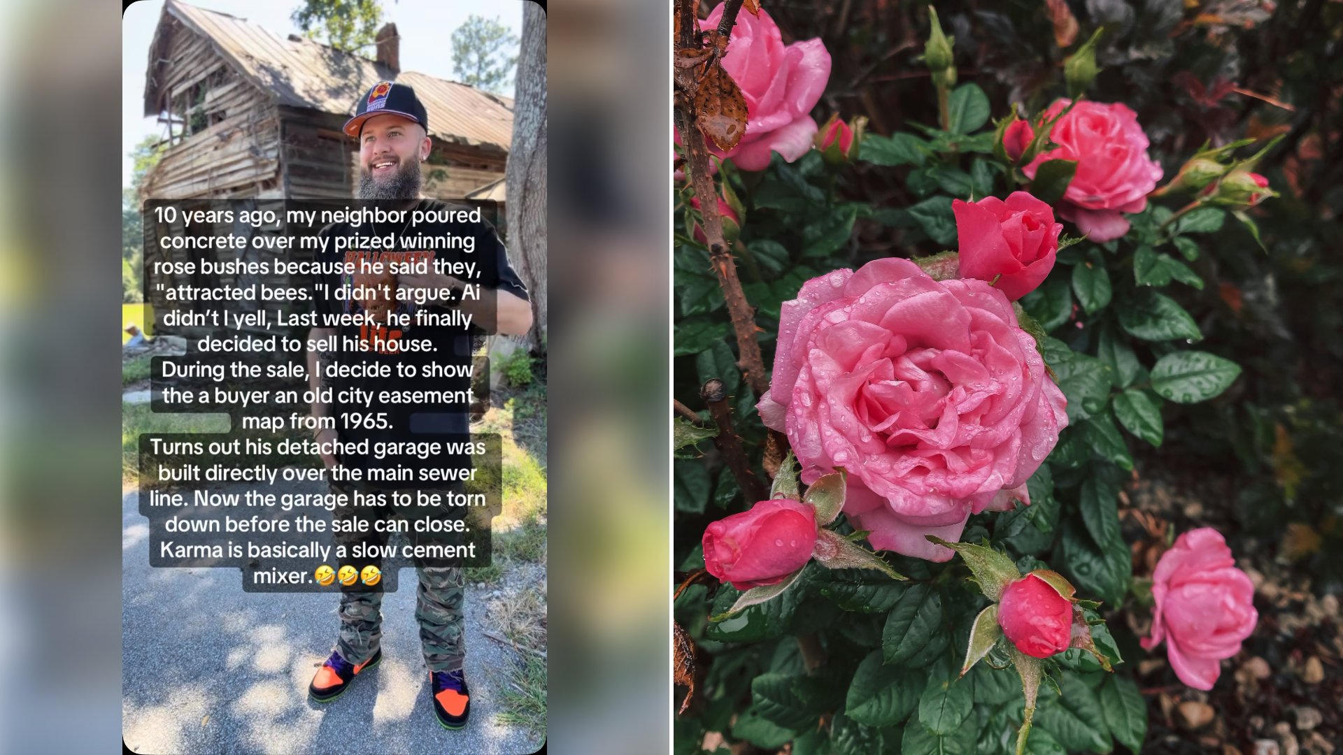 Left: cover still from an Instagram reel by @. Right: A bush of pink roses with green leaves in a garden (Unsplash photo by Donna McL).