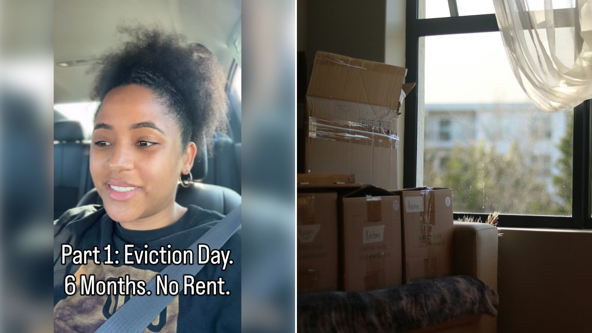 Left: cover still from an Instagram reel by @. Right: A room with stacked cardboard boxes and a window (Unsplash photo by Alicia Christin Gerald).