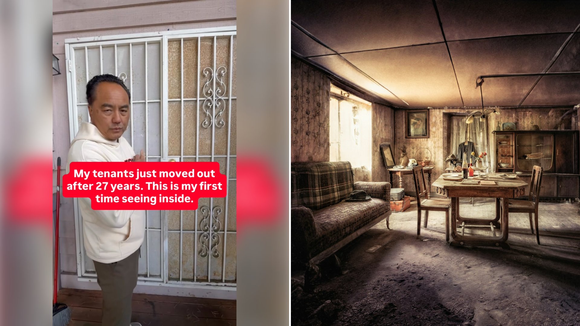 Left: cover still from an Instagram reel by @. Right: An old, worn living room with a couch, table and chairs left behind (Unsplash photo by Peter Herrmann).