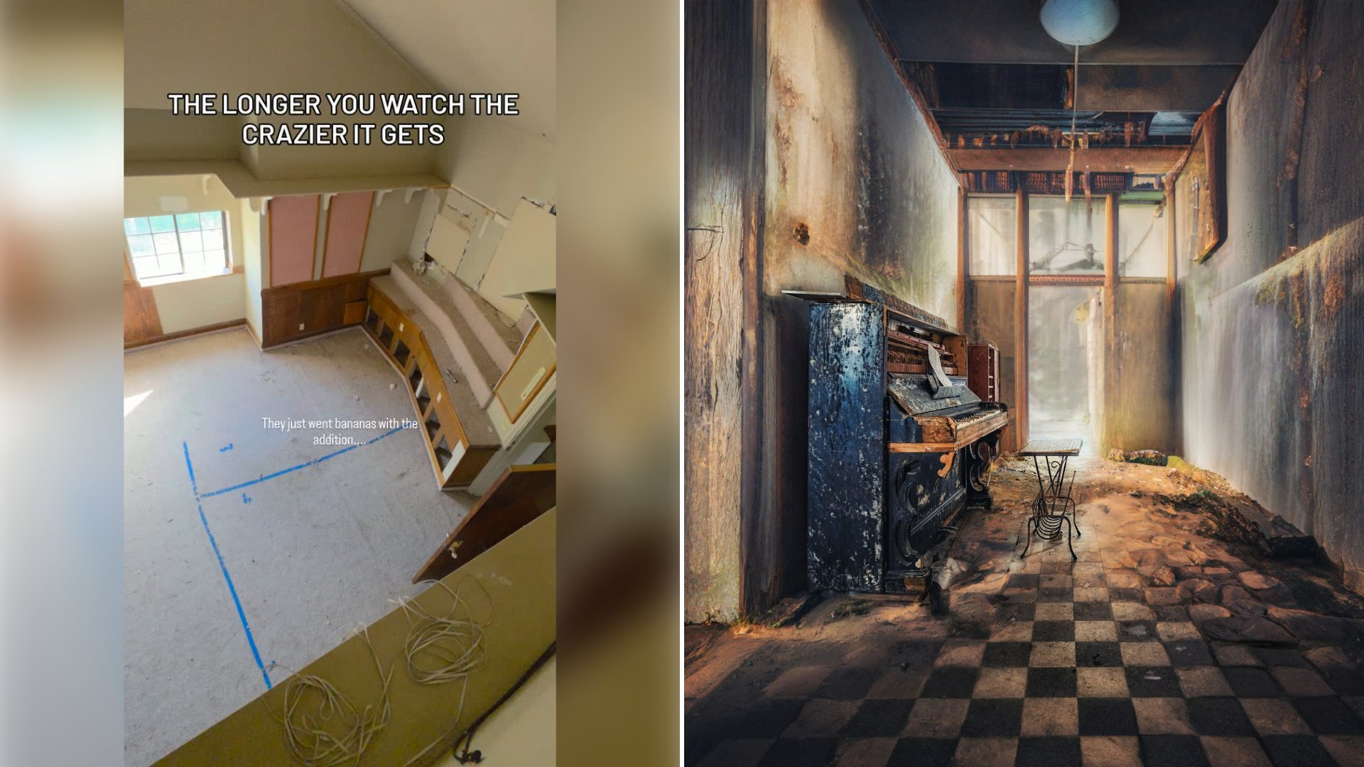Left: cover still from an Instagram reel by @. Right: A dirty, dilapidated old room with a piano inside an abandoned building (Unsplash photo by Peter Herrmann).