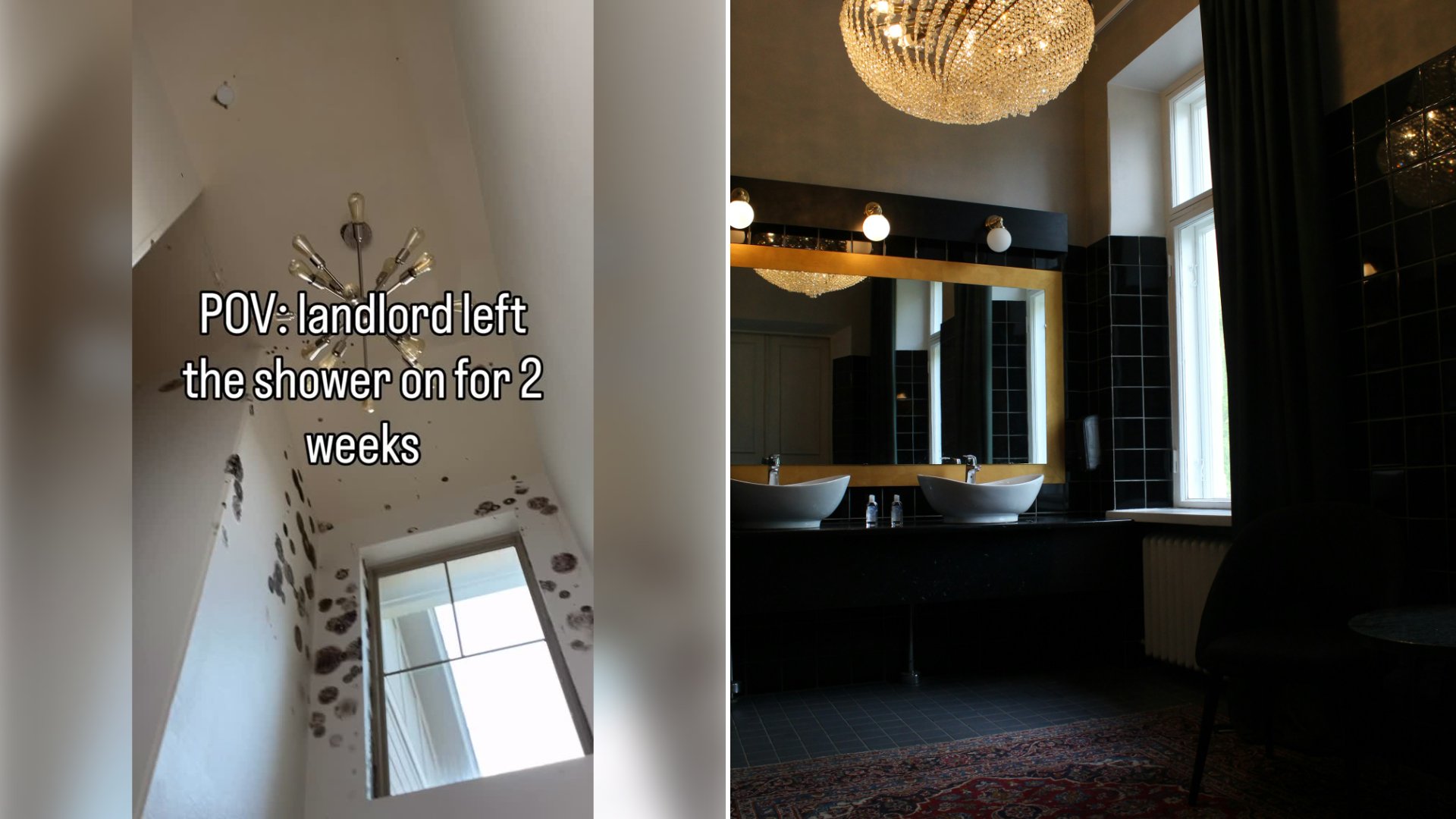 Left: cover still from an Instagram reel by @. Right: A white ceramic bathroom sink beside a window (Unsplash photo by Anne Nygård).