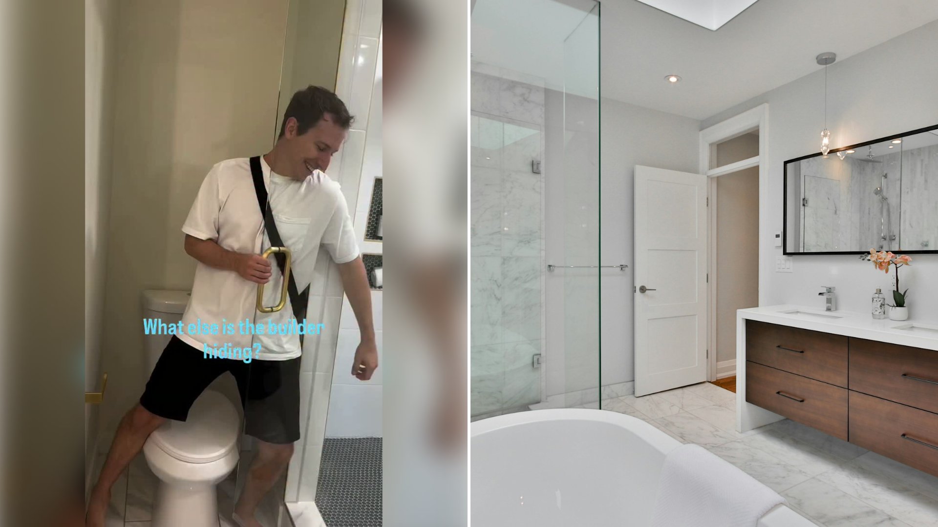Left: cover still from an Instagram reel by @. Right: A bathroom with a large white bathtub next to a walk-in glass shower (Unsplash photo by Lotus Design N Print).