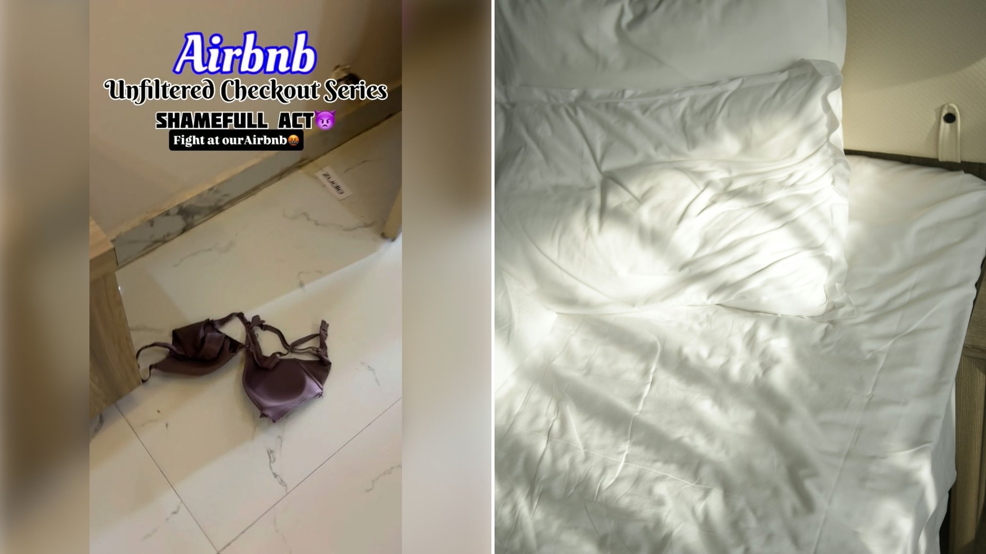 Left: cover still from an Instagram reel by @. Right: A rumpled white bed with pillows beside a wooden nightstand in a sunlit bedroom (Unsplash photo by MChe Lee).