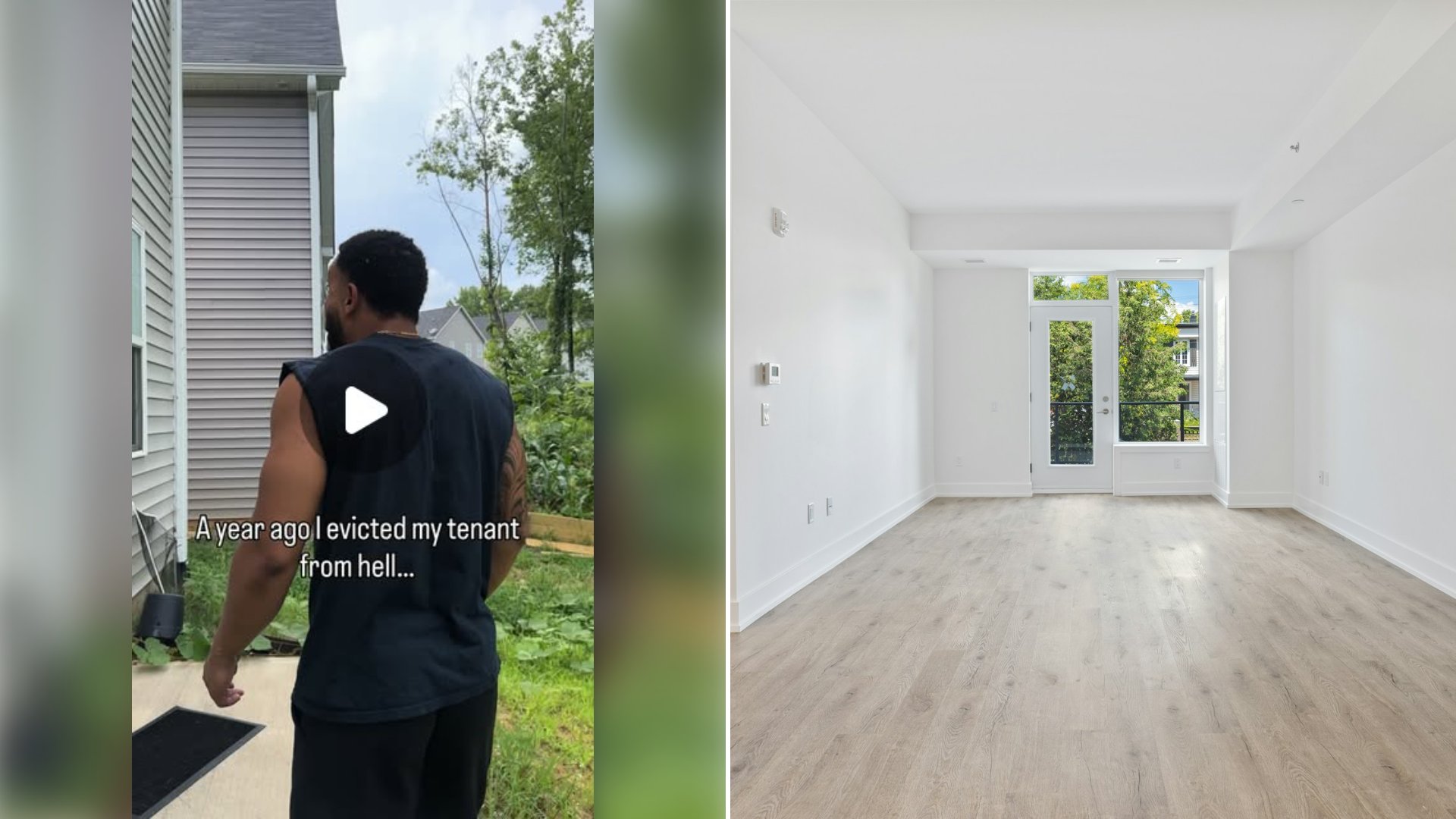Left: cover still from an Instagram reel by @. Right: Empty room with a white wooden door and white walls (Unsplash photo by Point3D Commercial Imaging Ltd.).
