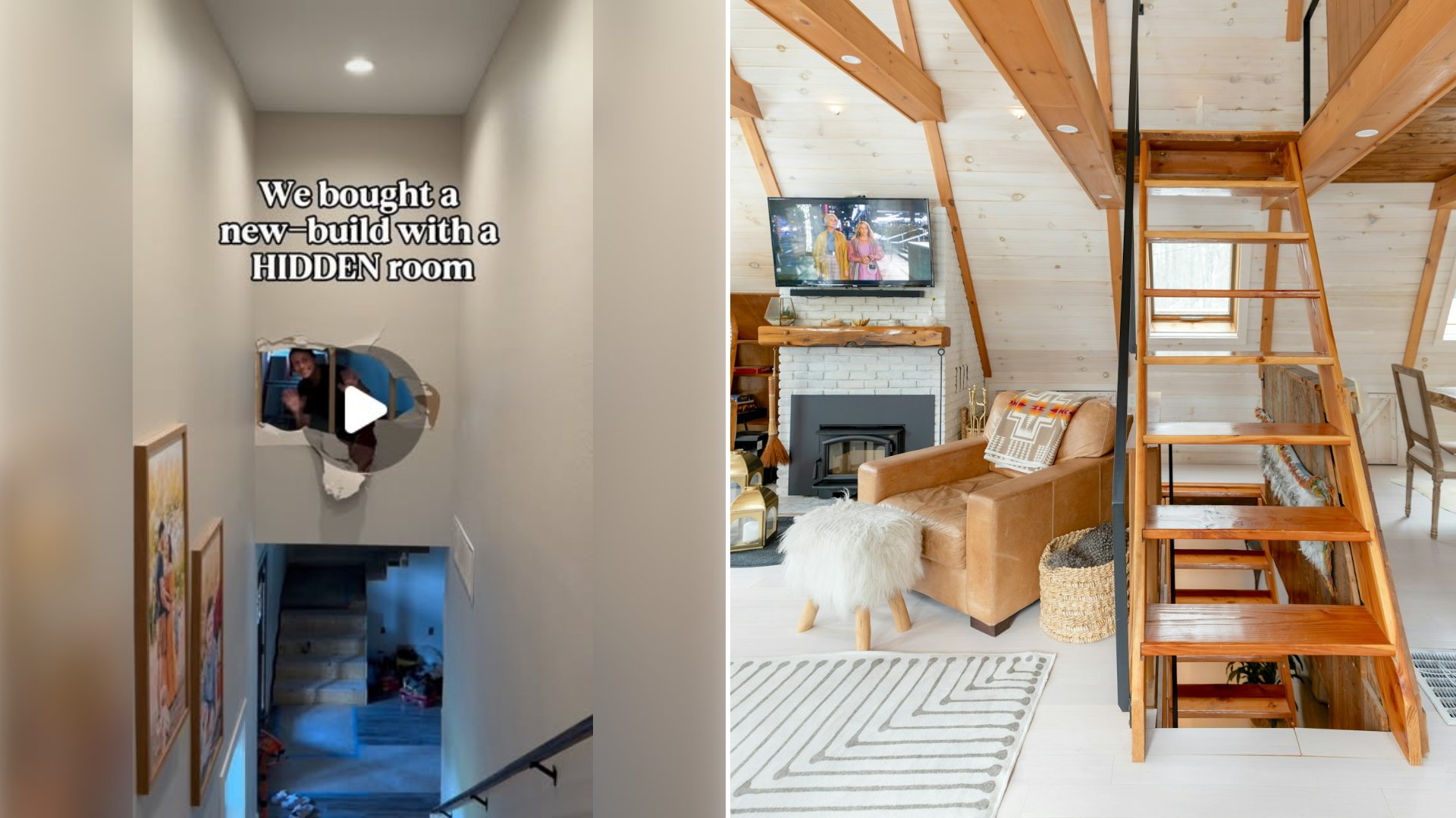 Left: cover still from an Instagram reel by @. Right: Modern home living room with a loft ladder (Unsplash photo by Andrea Davis).