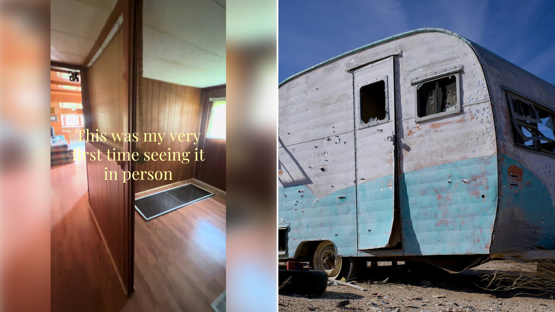 Left: cover still from a TikTok video by @dusty_canvas. Right: Old weathered trailer with broken windows under a blue sky (Unsplash photo by Strange Happenings).