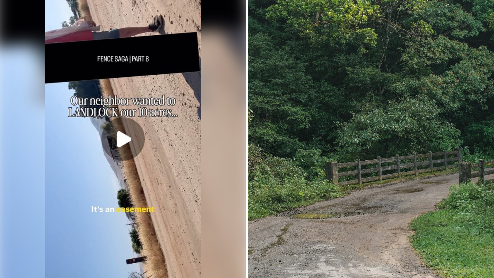 Left: cover still from an Instagram reel by @. Right: Dirt road with a wooden fence among green trees (Unsplash photo by Thilina Alagiyawanna).