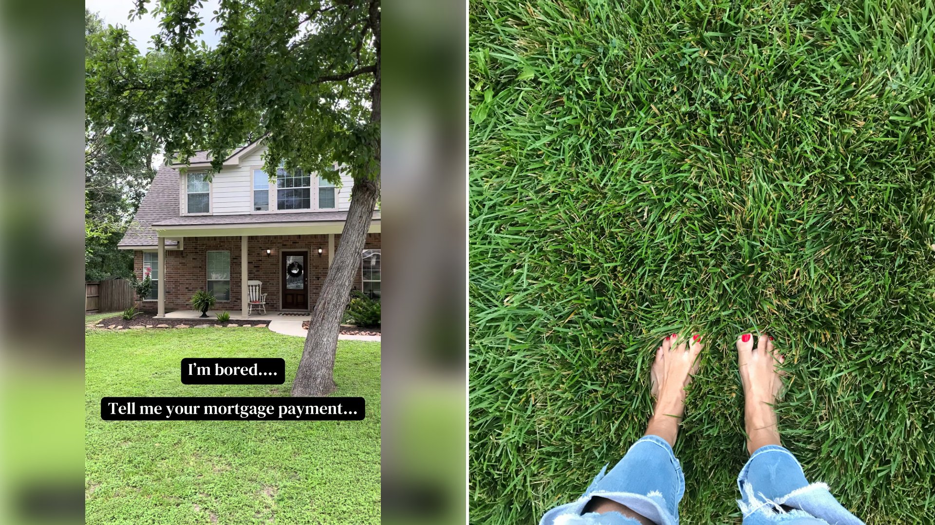 Left: cover still from a TikTok video by @debtfreewannabee. Right: Bare feet standing on a green lawn (Unsplash photo by Coco Tafoya).