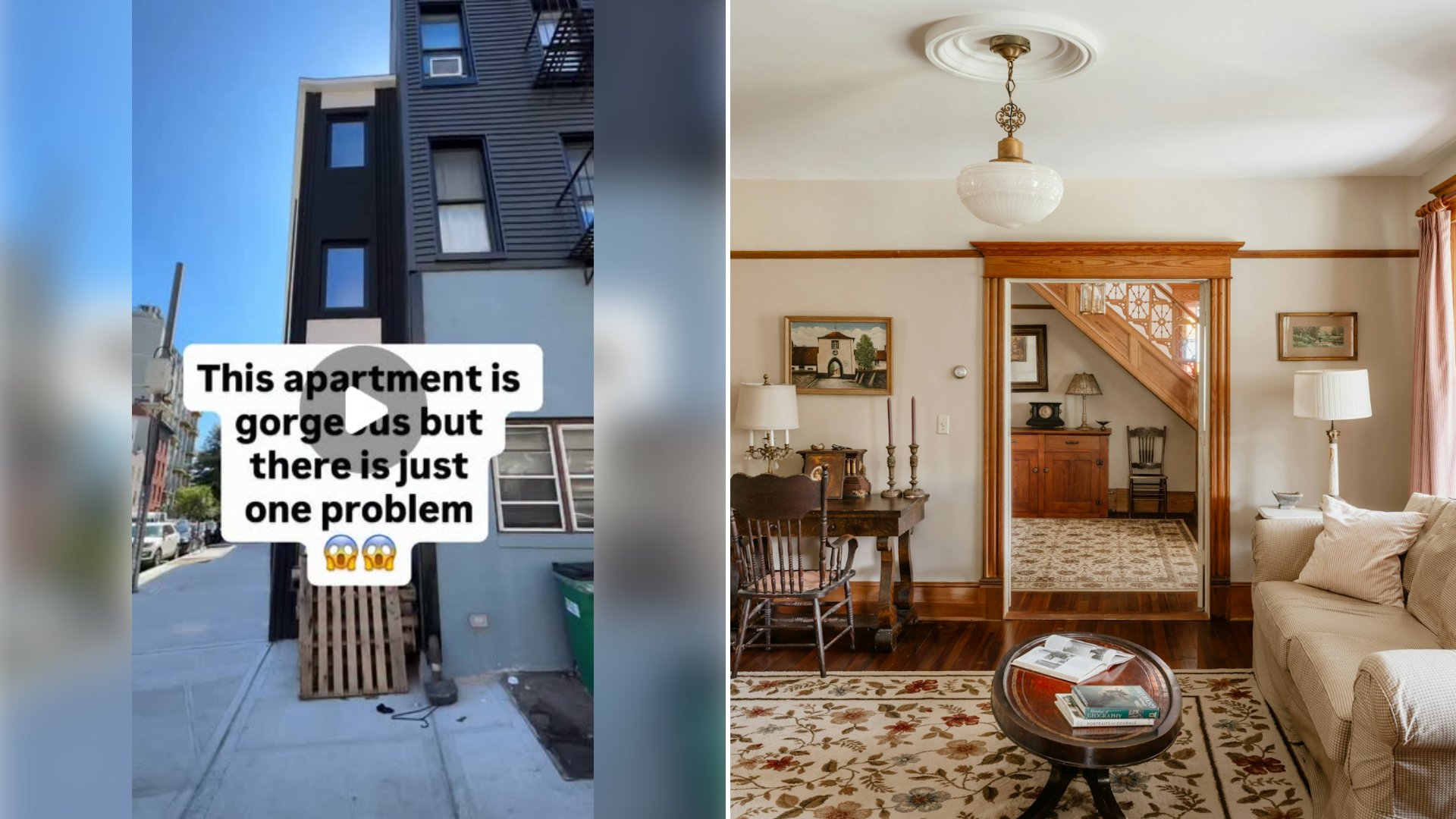 Left: cover still from an Instagram reel by @. Right: Cozy furnished apartment living room with elegant furniture and decor (Unsplash photo by Clay Banks).