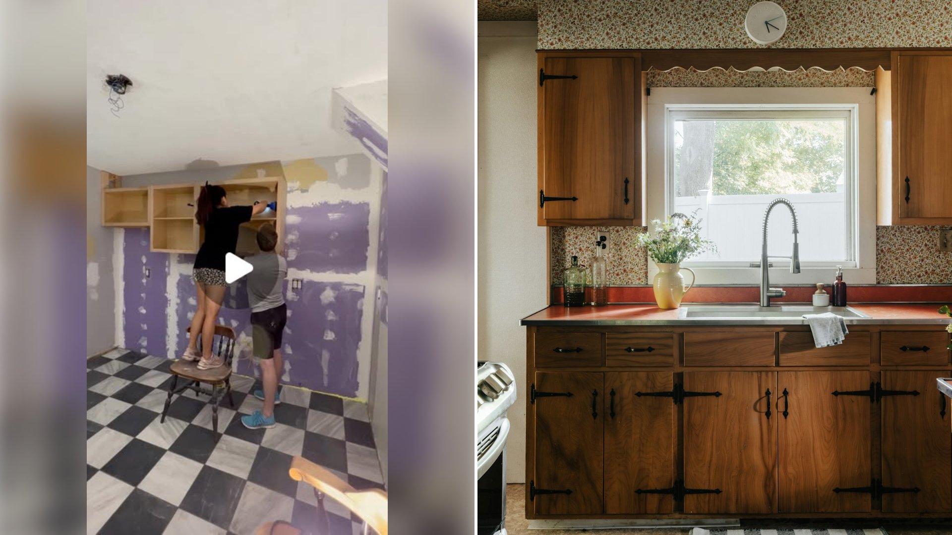 Left: cover still from an Instagram reel by @. Right: Kitchen with wooden cabinets and a stove top oven (Unsplash photo by Clay Banks).