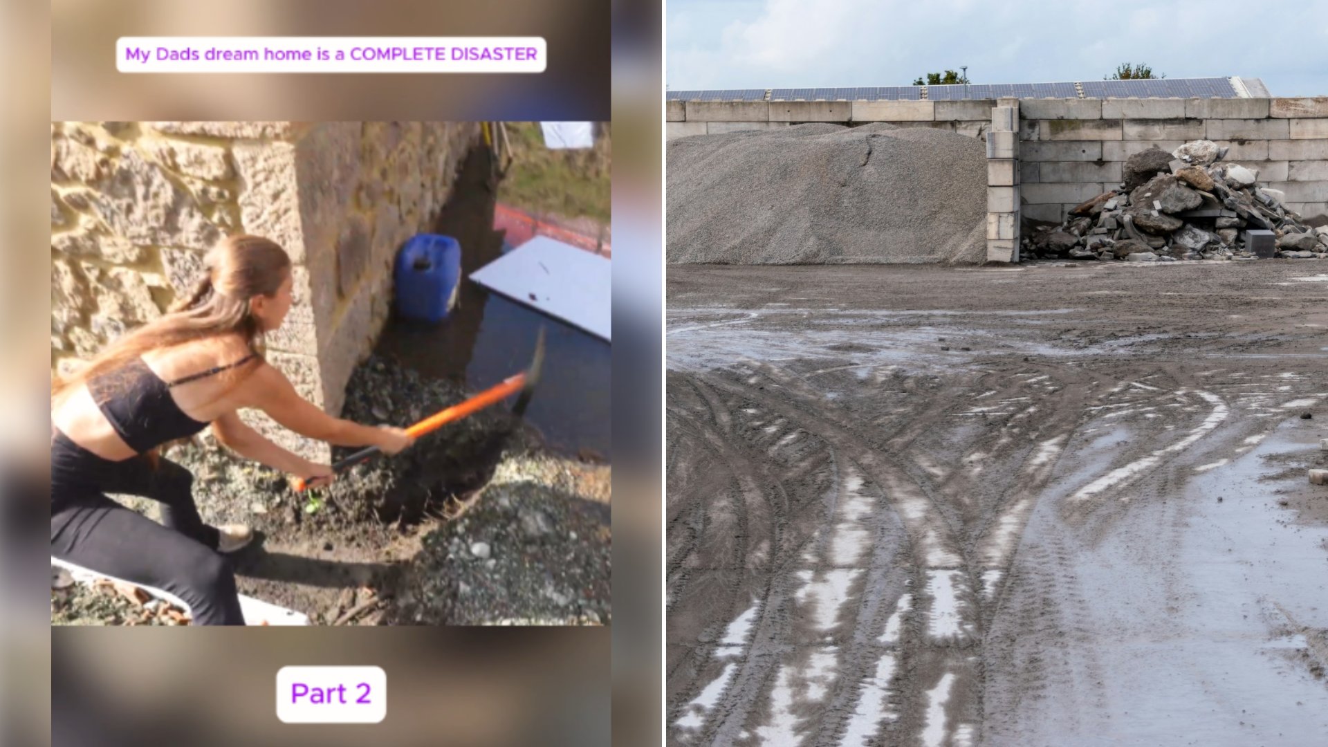 Left: cover still from a TikTok video by @professi18. Right: Construction site with piles of gravel and debris (Unsplash photo by Sergej).