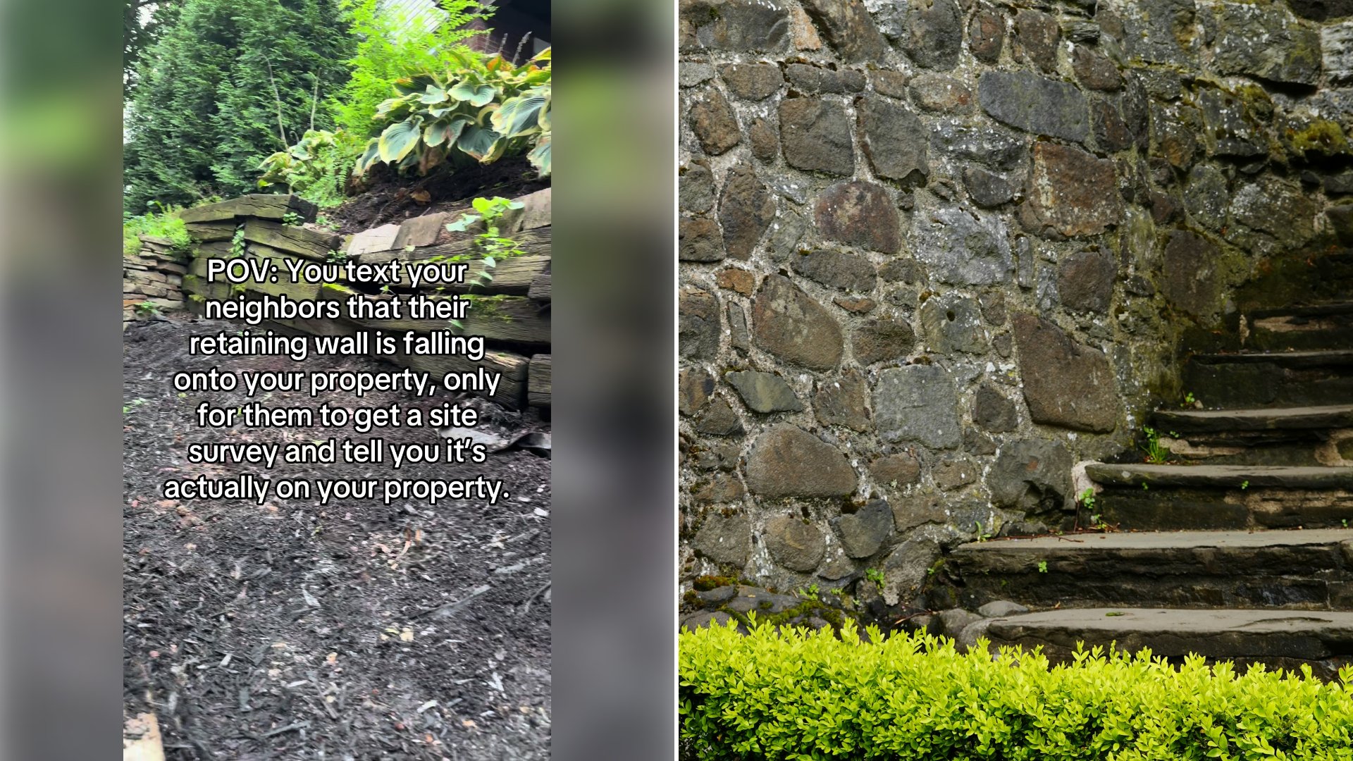 Left: cover still from a TikTok video by @nikkiandnico. Right: Stone steps beside a rustic rock wall with green bushes (Unsplash photo by C).