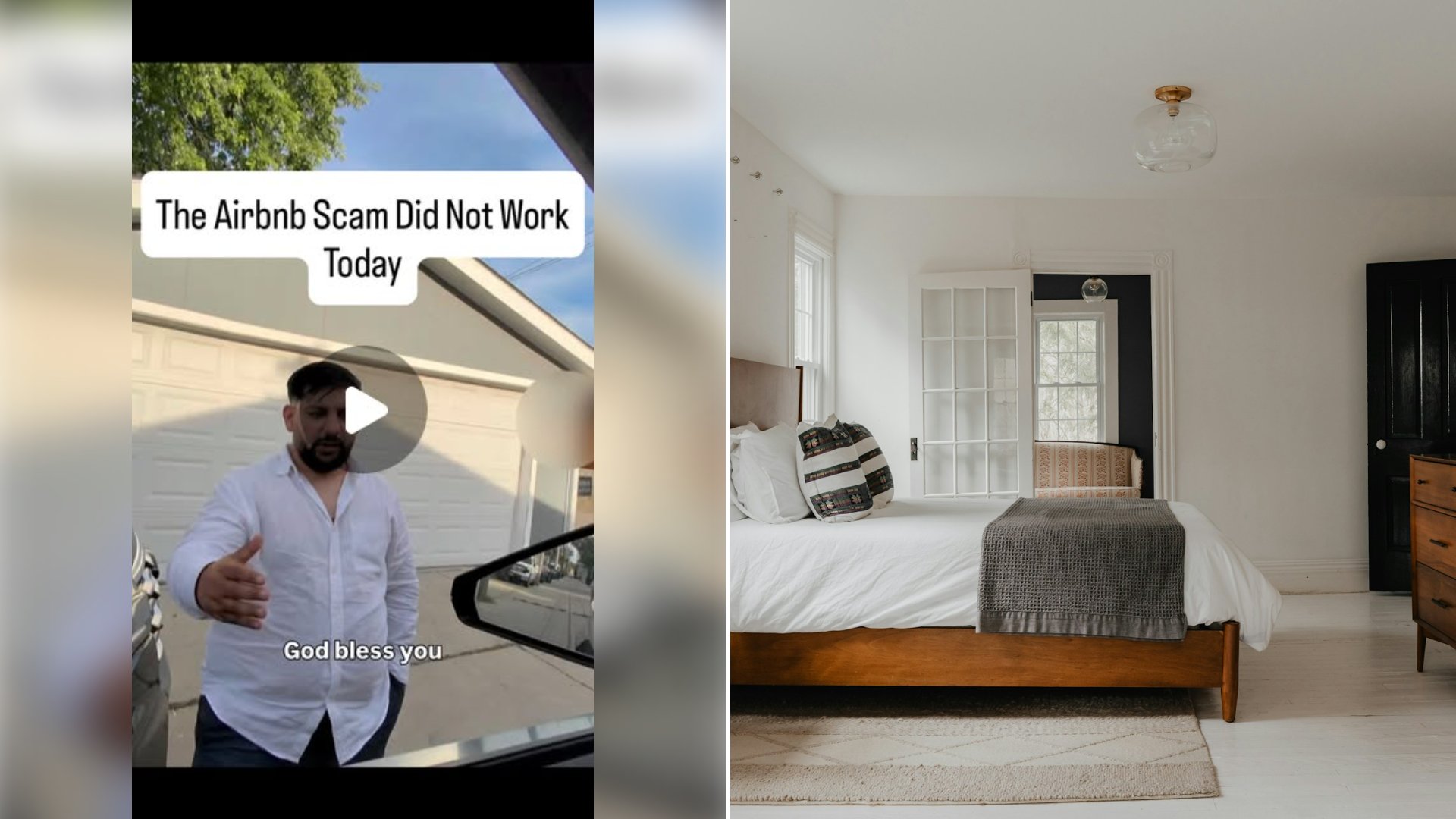 Left: cover still from an Instagram reel by @. Right: Neatly made bed and dresser in a rental bedroom (Unsplash photo by Clay Banks).