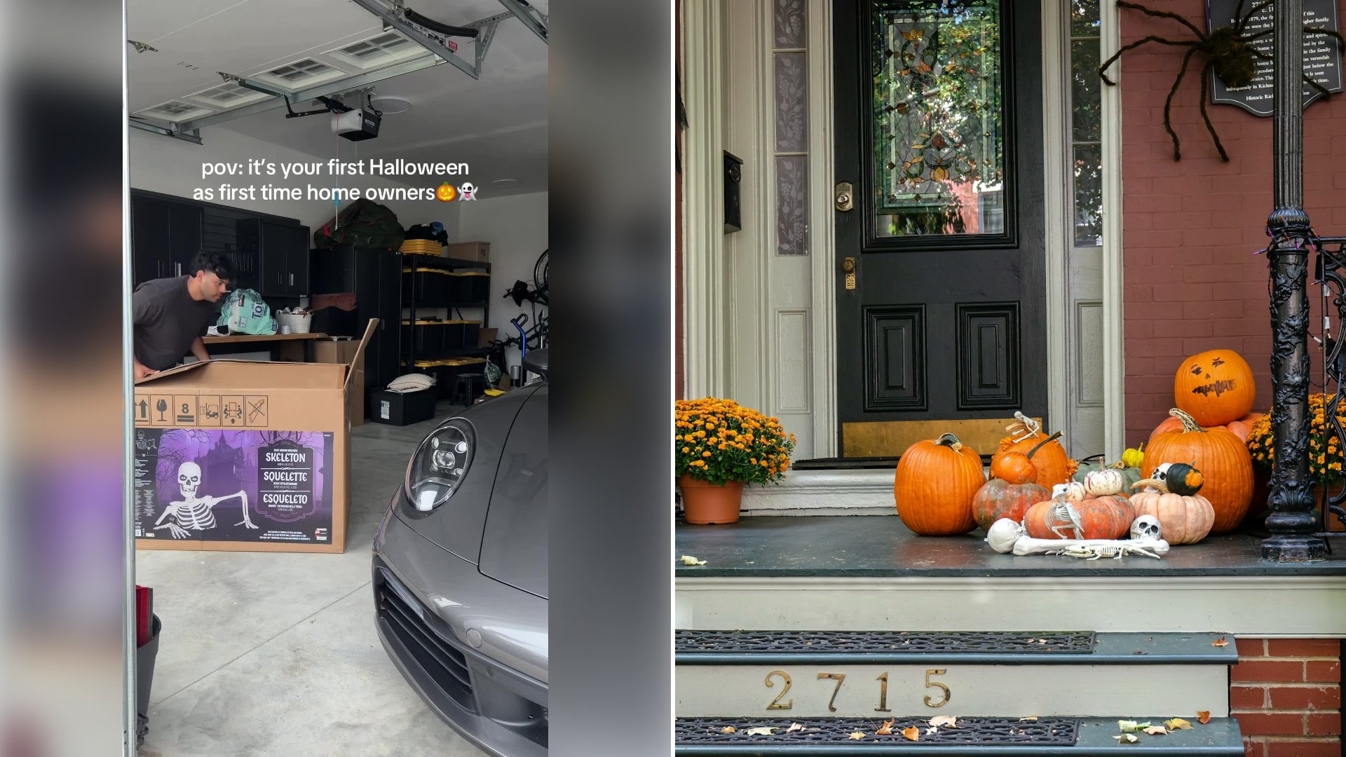 Left: cover still from a TikTok video by @maazslife. Right: Front porch decorated for Halloween with pumpkins and gourds (Unsplash photo by Robin Jonathan Deutsch).
