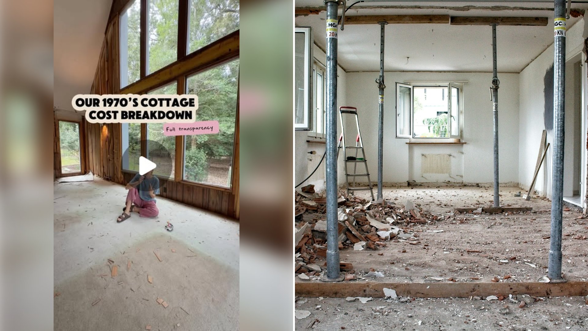 Left: cover still from an Instagram reel by @. Right: Room under renovation with metal support poles, debris and tools on the floor (Unsplash photo by Stefan Lehner).