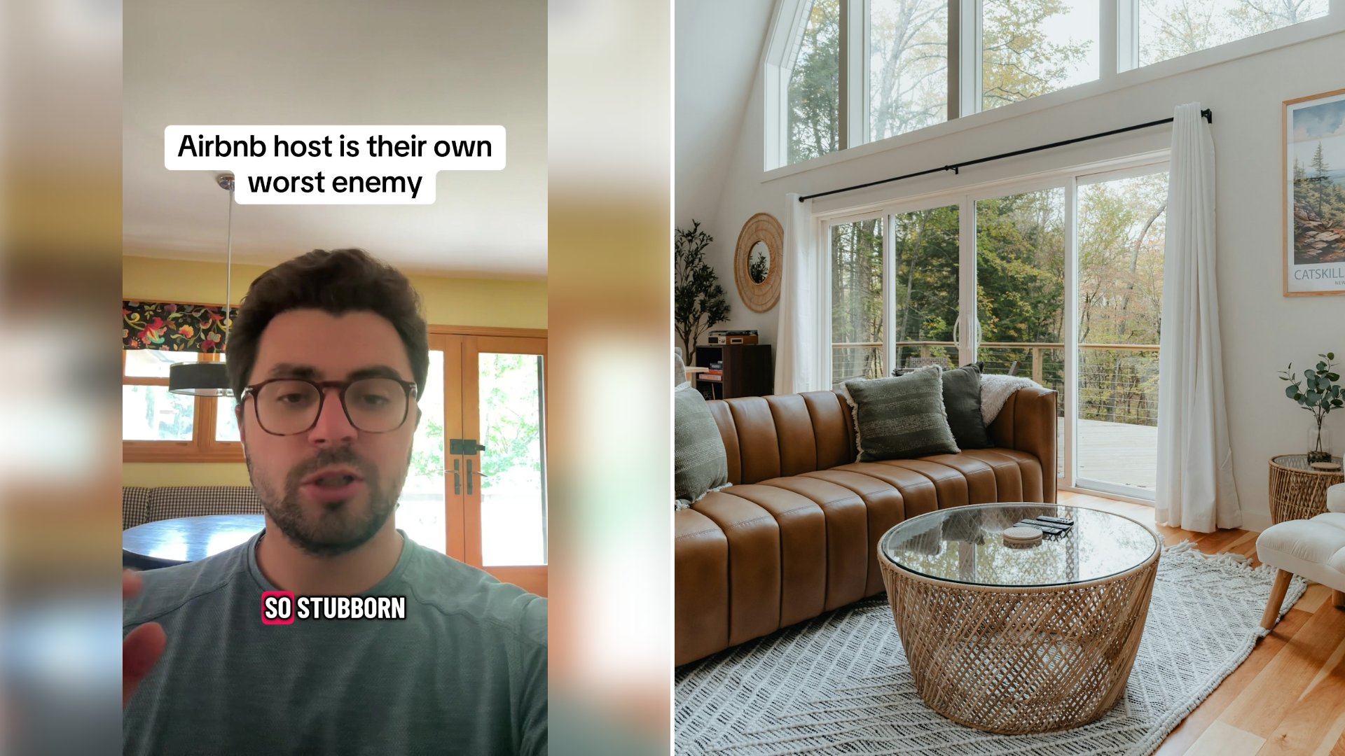 Left: cover still from a TikTok video by @dryfterhomes. Right: Cabin-style rental living room with furniture and a large window (Unsplash photo by Clay Banks).