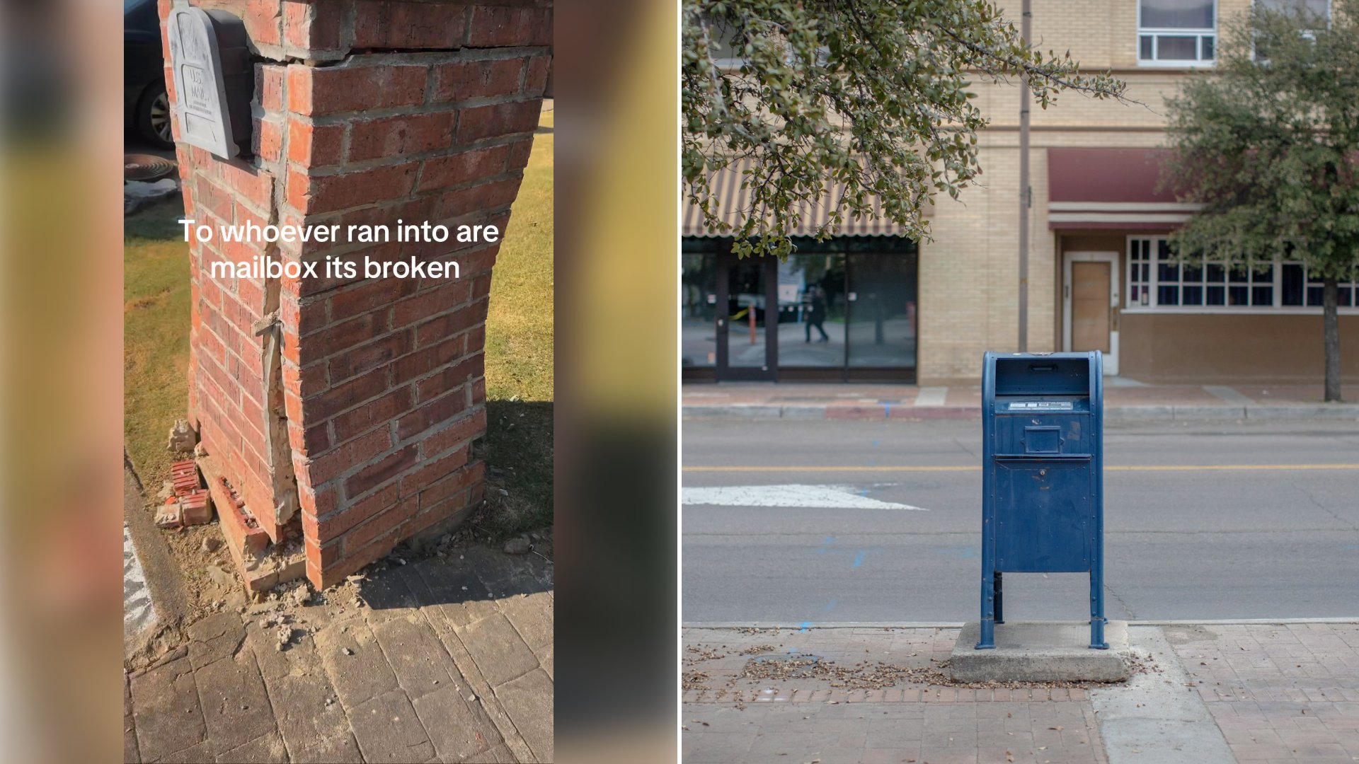 Left: cover still from a TikTok video by @aestheticnursekj. Right: Blue USPS mailbox on a sidewalk beside a road (Unsplash photo by Stephen Harlan).