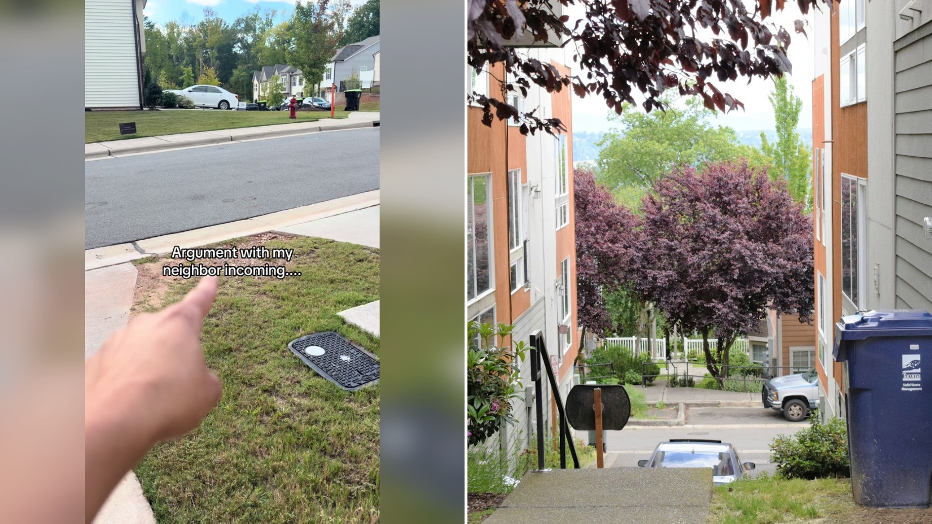 Cover of @ayla.dc's TikTok video beside an Unsplash photo by Fr0ggy5 of a couple of trash cans sitting on the side of a road.